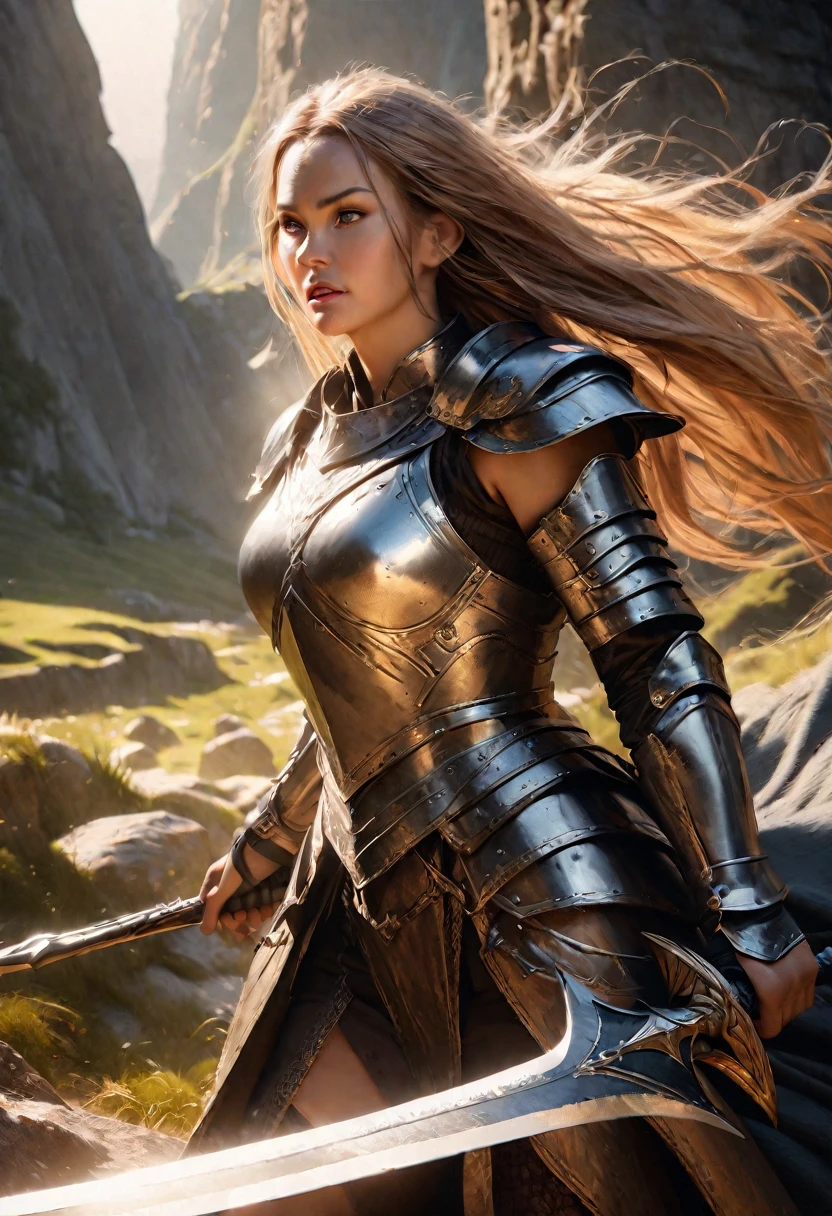 a female warrior, medieval fantasy knight, heavily armored, holding a sword, fierce expression, long flowing hair, intricate armor details, bright magical energy, dramatic lighting, cinematic pose, epic landscape background, (best quality,4k,8k,high resolution,masterpiece:1.2),ultra-detailed,(Realistic,photoRealistic,photo-Realistic:1.37),fantasy art, digital painting, dramatic colors, dramatic lighting