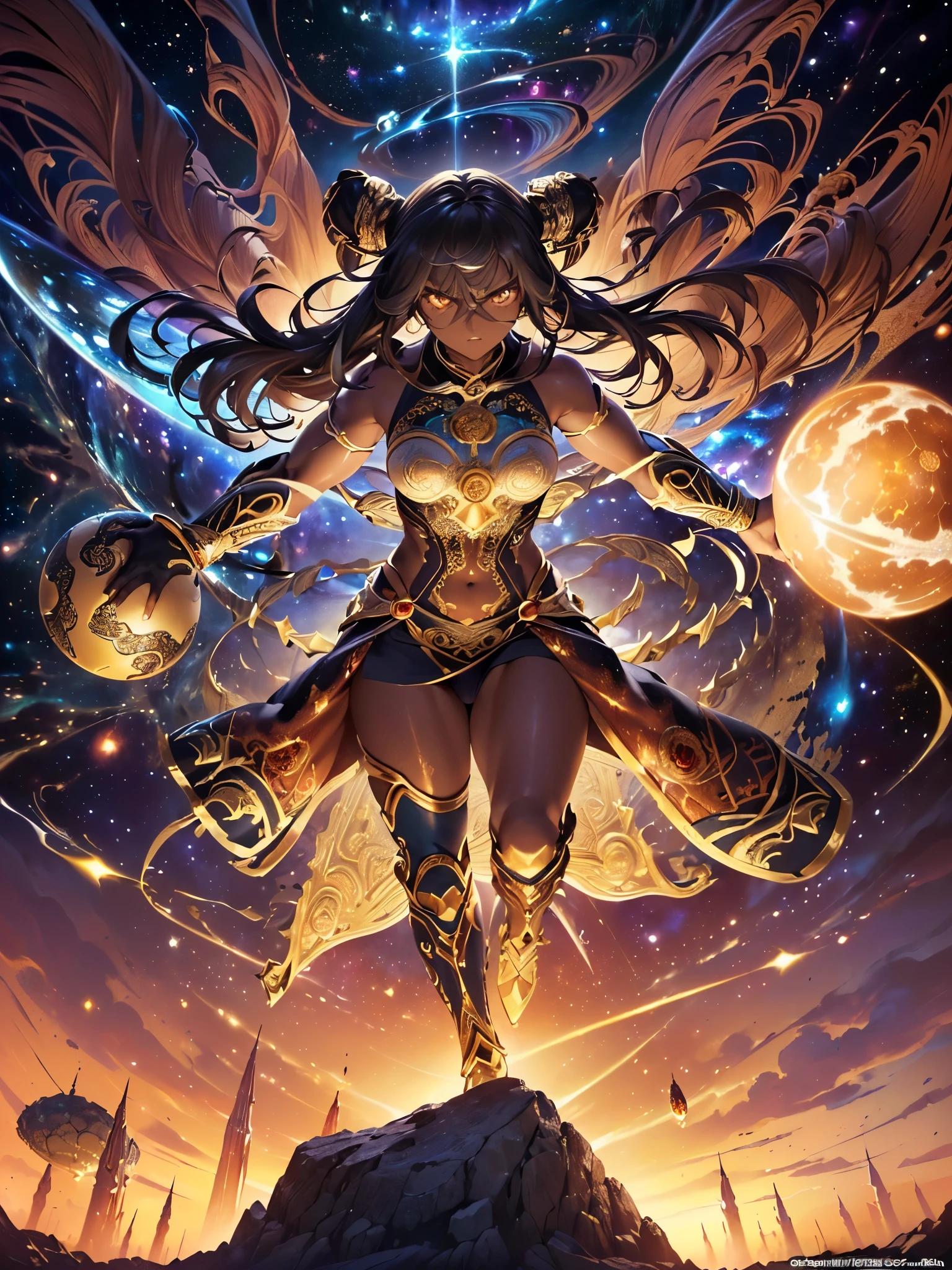 ((highest quality)),(Ultra-high resolution),(Very detailed),(Detailed Description),((The best CG)),(A masterpiece),Ultra-detailed art,Amazing drawing art,(Fantasy art with intricate detail:1.5), (Dark skinned female warrior:1.5),anger:1.4,(A well-trained body:1.4),strike:1.6, (Throw the universe:1.6),Shattering:1.6