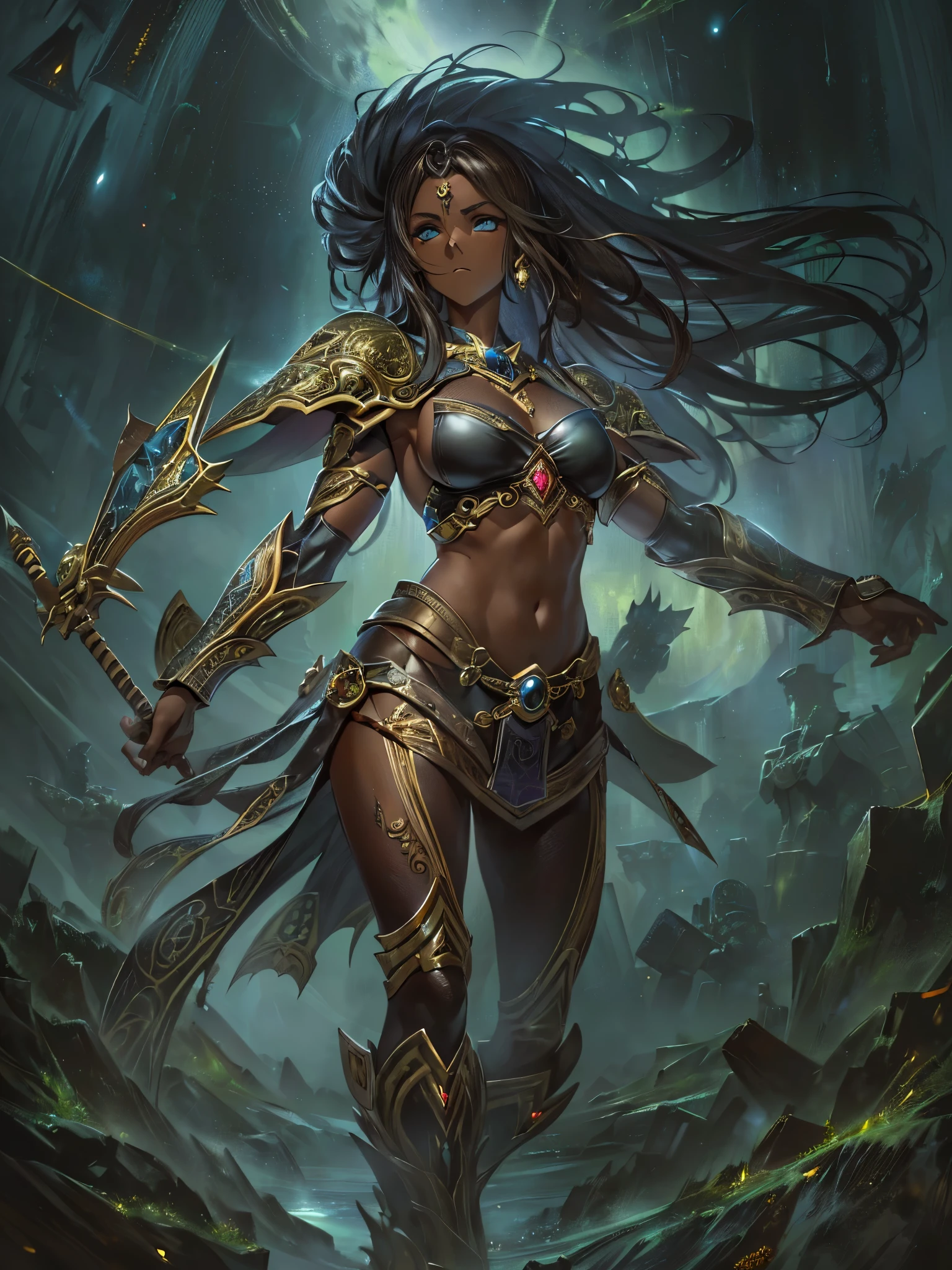 ((highest quality)),(Ultra-high resolution),(Very detailed),(Detailed Description),((The best CG)),(A masterpiece),Ultra-detailed art,Amazing drawing art,(Fantasy art with intricate detail:1.5), (Dark skinned female warrior:1.5),anger:1.4,(A well-trained body:1.4),strike:1.6, (Throw the universe:1.6),Shattering:1.6