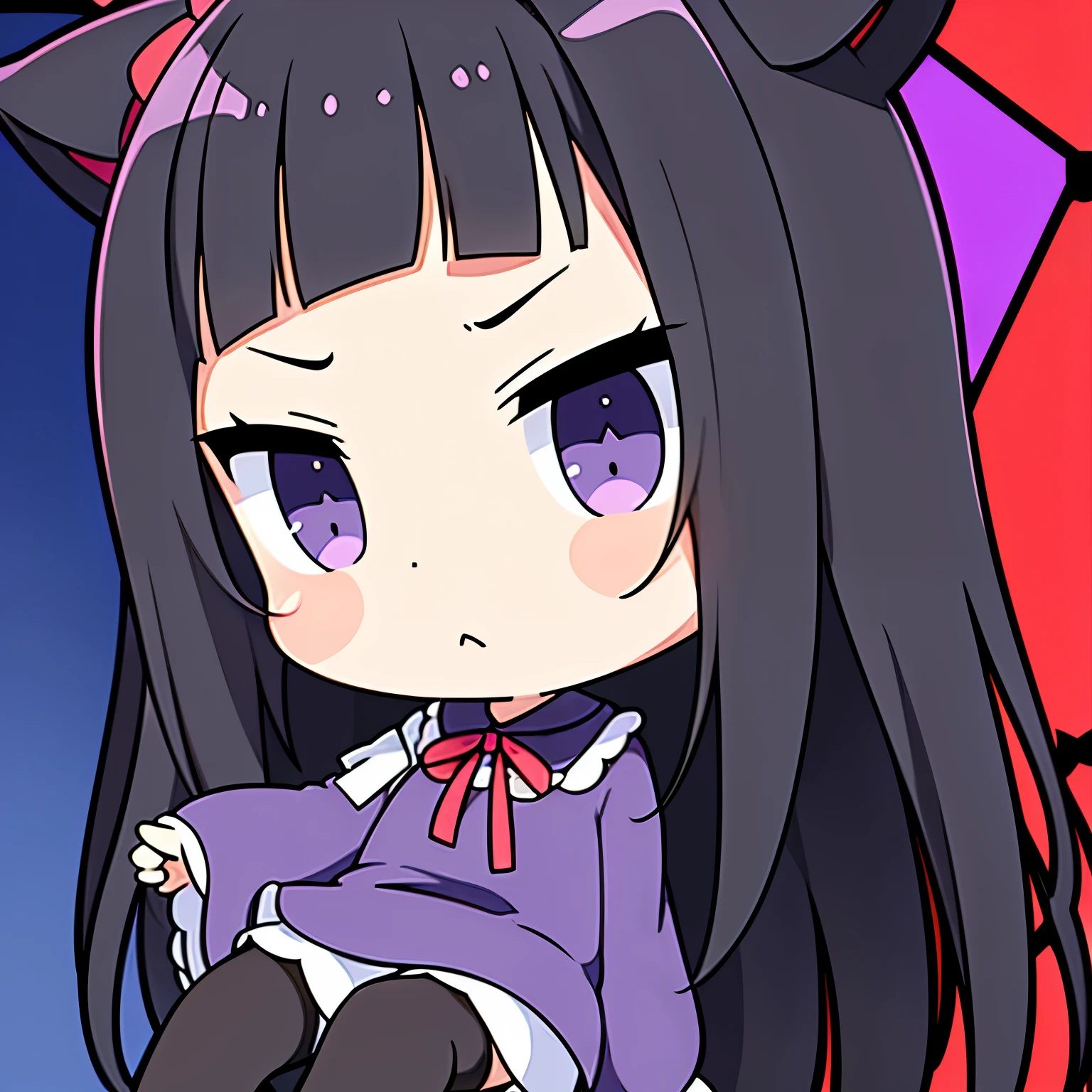 best quality, super fine, 16k, incredibly absurdres, extremely detailed, 2.5D, delicate and dynamic, Anime High Score Girl heroine Ono Akira, cute girl, long straight black hair with blunt bangs, sulky expression, expressionless, purple dress with ribbon, black tights, kicking destroys Arcade Game Machines in anger, beautiful effects and backgrounds