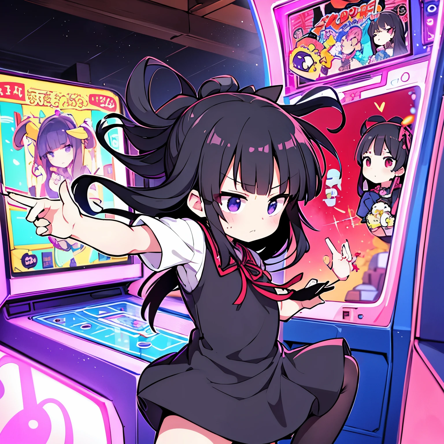 best quality, super fine, 16k, incredibly absurdres, extremely detailed, 2.5D, delicate and dynamic, Anime High Score Girl heroine Ono Akira, cute girl, long straight black hair with blunt bangs, sulky expression, expressionless, purple dress with ribbon, black tights, kicking destroys Arcade Game Machines in anger, beautiful effects and backgrounds