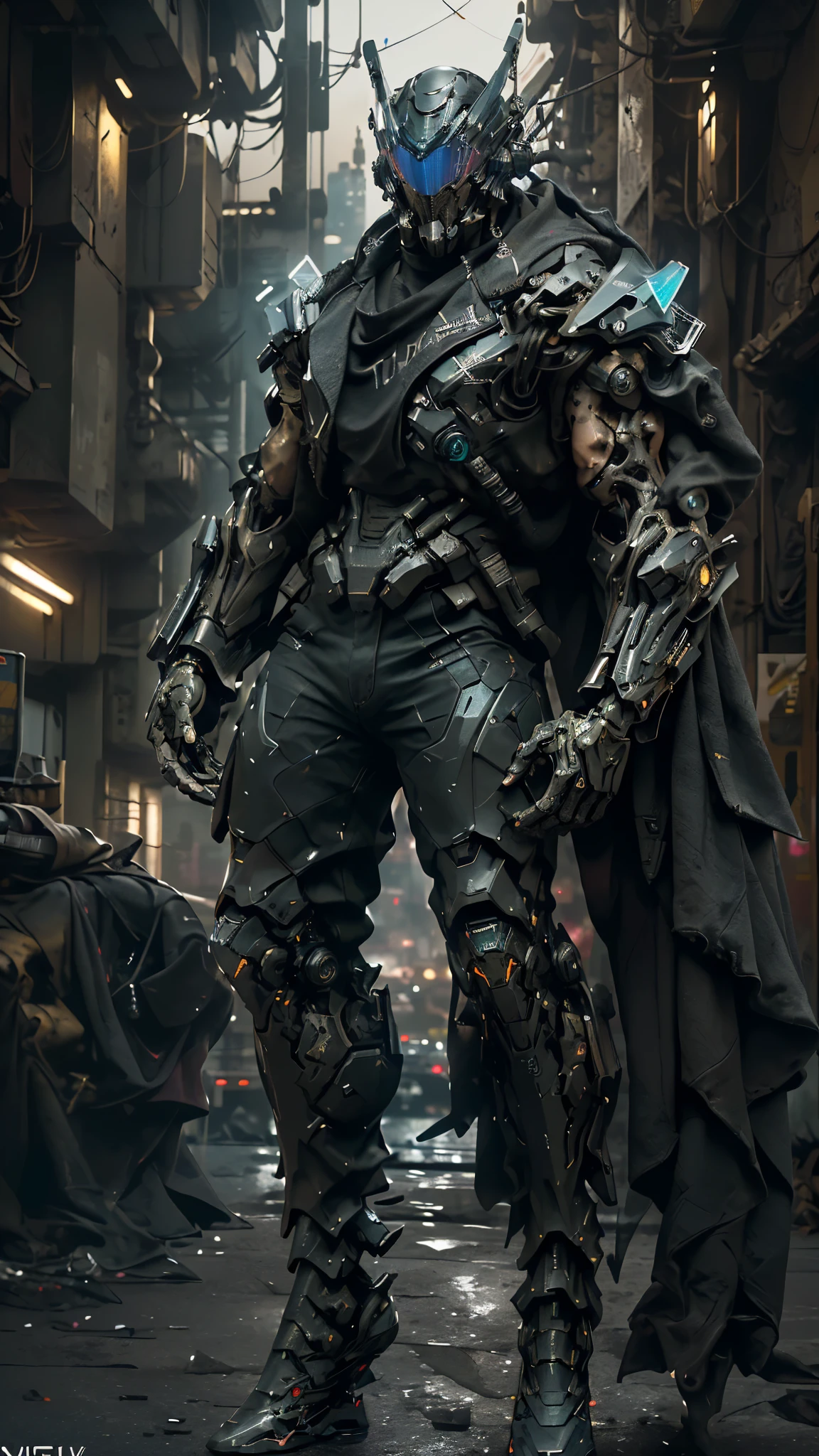 a cinematic action shot of a cyberpunk muscled special forces cyborg, helmet with holographic optics, hold a big sword, dark dystopian science fiction aesthetic, dystopian city in background, at night, dynamic angle, cinematic lighting, highly detailed, hyperrealistic, (full body:1.2)