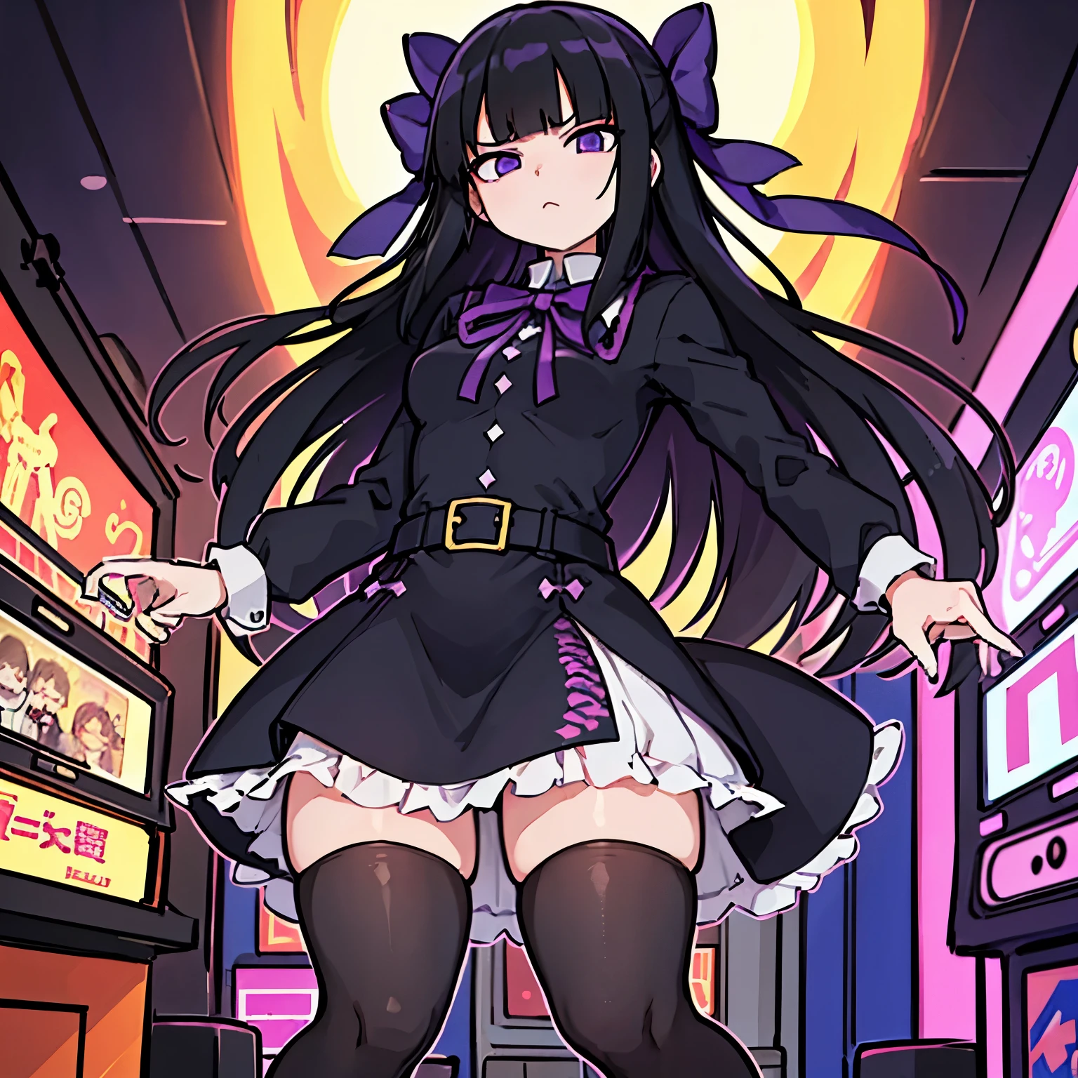 best quality, super fine, 16k, incredibly absurdres, extremely detailed, 2.5D, delicate and dynamic, Anime High Score Girl heroine Ono Akira, cute girl, long straight black hair with blunt bangs, sulky expression, expressionless, purple dress with ribbon, black tights, kicking destroys Arcade Game Machines in anger, beautiful effects and backgrounds