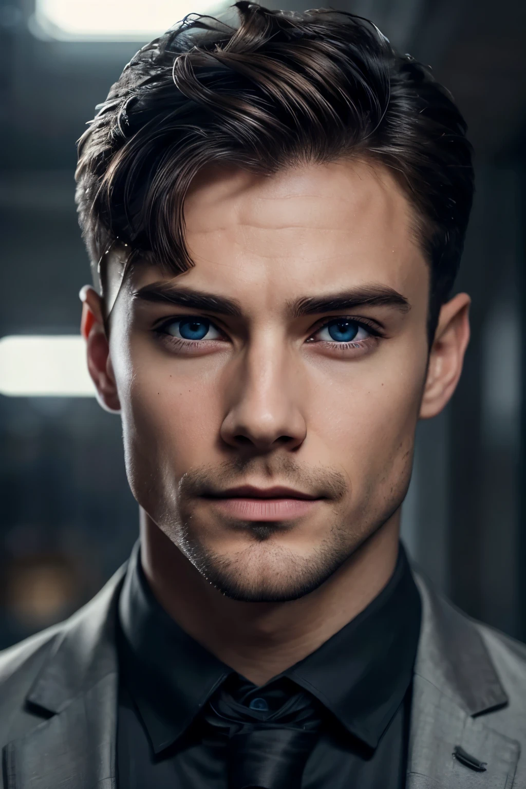 a 25 year old man, detailed portrait, highly realistic, photorealistic, sharp focus, extreme fine details, chiseled jawline, piercing blue eyes, masculine facial features, short brown hair, subtle smile, wearing a dark grey suit, indoors setting, warm lighting, cinematic composition, elegant, sophisticated