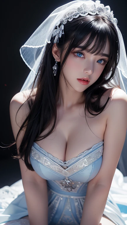 masterpiece, highest quality, Very detailed, To the camera, 複雑に詳細なVery detailed, Realistic, Sharp features, Very detailed, Sharp focus, Perfect Face, Perfect Face, Perfect symmetry and perfect eyes, Perfect Plump Lips, Flexible female form, Cinematic, Film Light, Very detailed, hyper Realistic, masterpiece, Atmospheric, High resolution, Vibrant, Dynamic Studio Lighting, ((Dark Background)), The expression when enduring pleasure, Straight bangs, blue eyes,Exposed thighs,Sexually aroused expressions、White Wedding Dress