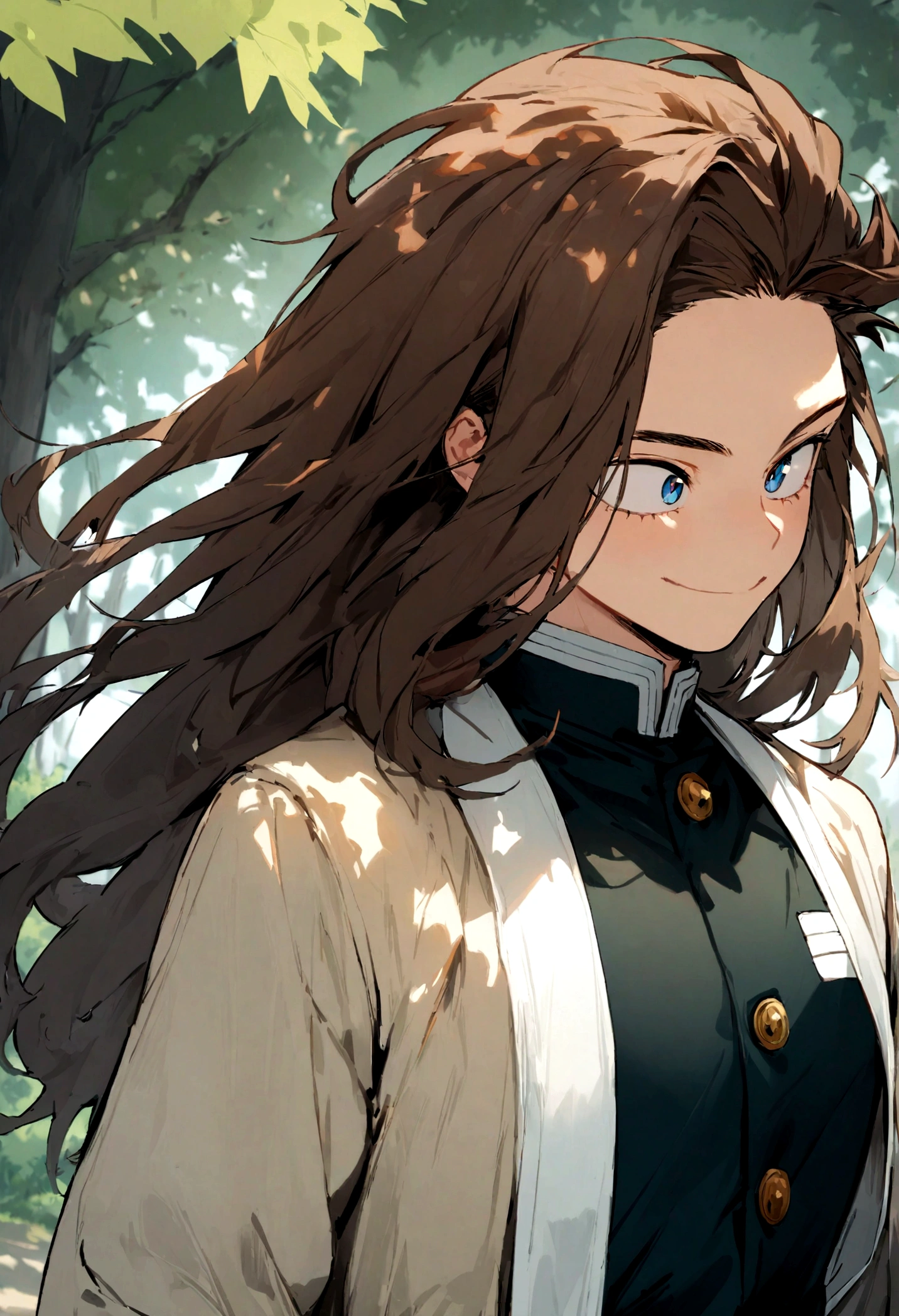 boku no hero academia, 1 boy, alone, upper body, sky, nature, tree, male focus, long hair, smile, brown hair, blue eyes, long sleeves, demon slayer uniform, outdoors, day, best quality, masterpiece,