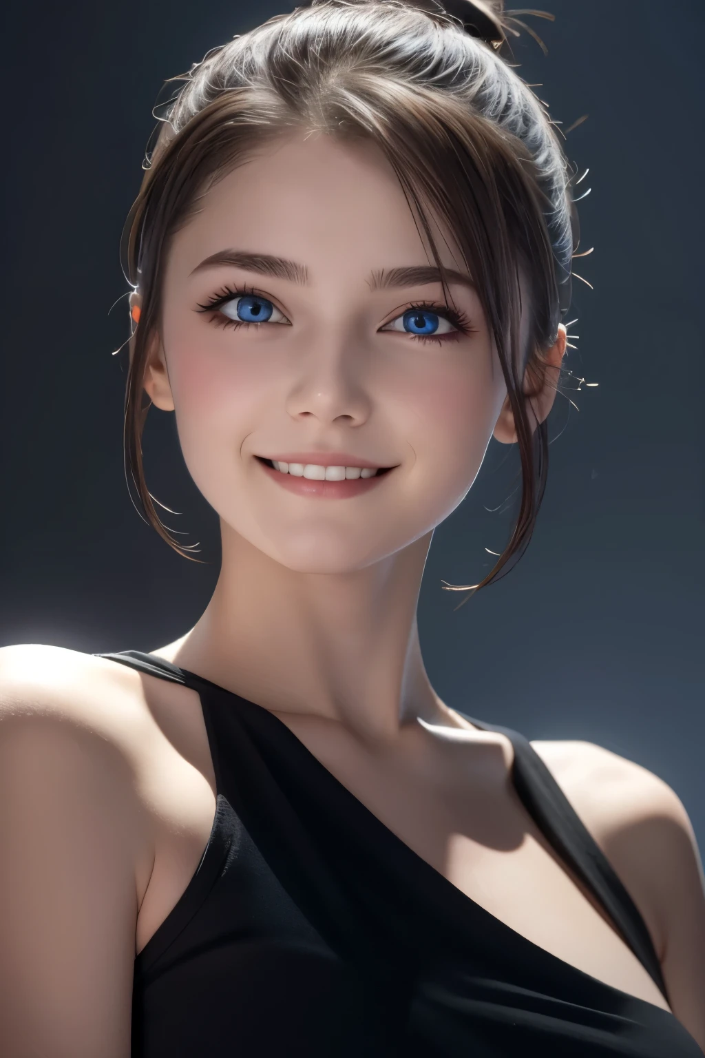Tight black top:1.2, looking at the audience, Cinema lighting, perfect, soft light, High resolution skin:1.2, Realistic skin texture, 18 years old、a small face、No makeup，Off the shoulders 、blue eyes, bun, dark brown hair、gray background、evil smile, bad, evil 