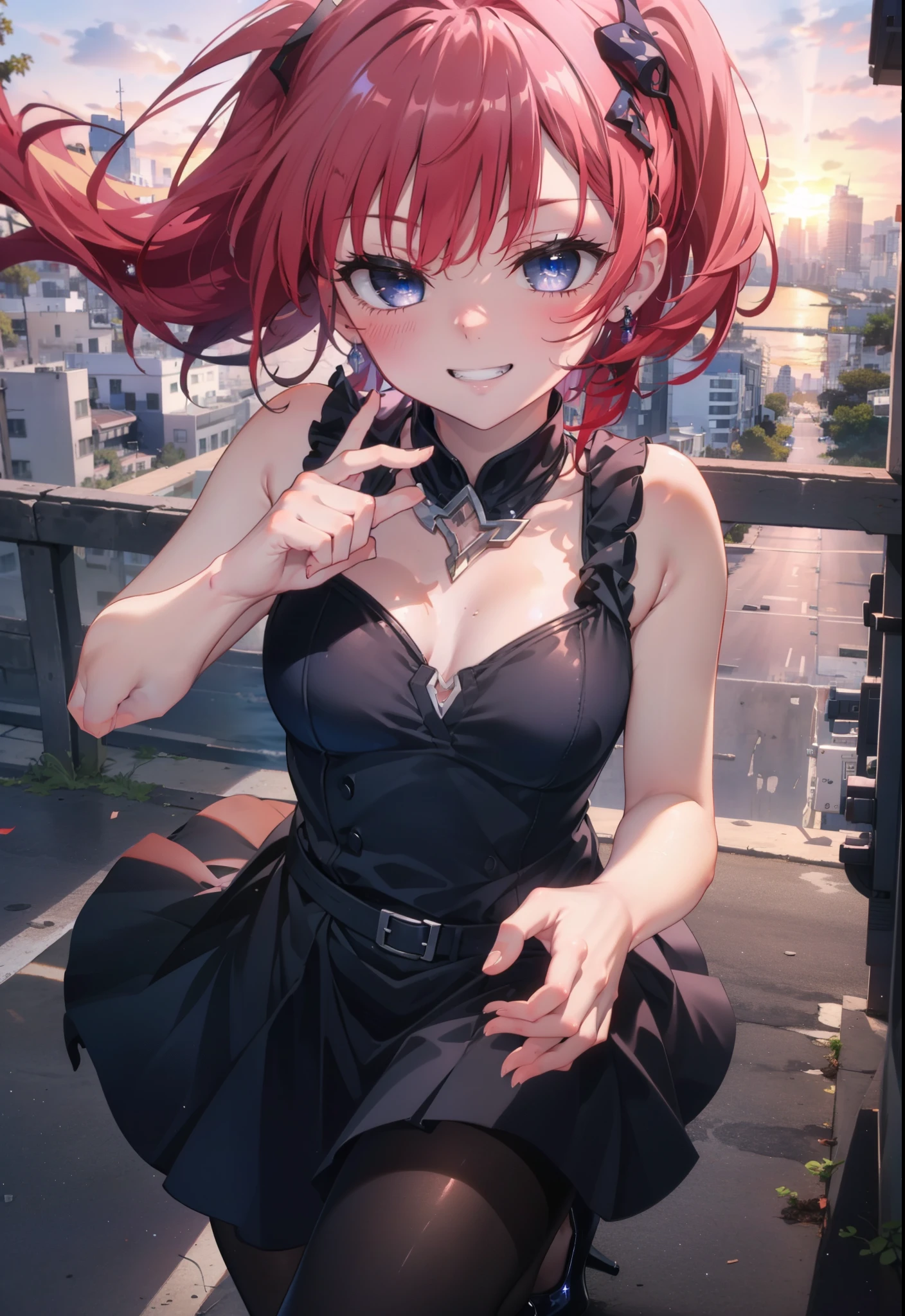 (masterpiece, highest quality:1.2),shape,8k,High resolution,kurosaki mea,Red Hair,Long Hair,Purple eyes,1 girl,Grin,smile,Sleeveless black dress,Bare arms,black long skirt,Black pantyhose,Stiletto heels,evening,Sunset,The sun is setting,
break looking at viewer,whole body, (Cowboy Shot:1. 5)
break outdoors, Coastal Road,
break (masterpiece:1.2), highest quality, High resolution, unity 8k wallpaper, (shape:0.8), (Beautiful and beautiful eyes:1.6), Highly detailed face, Perfect lighting, Extremely detailed CG, (Perfect hands, Perfect Anatomy),