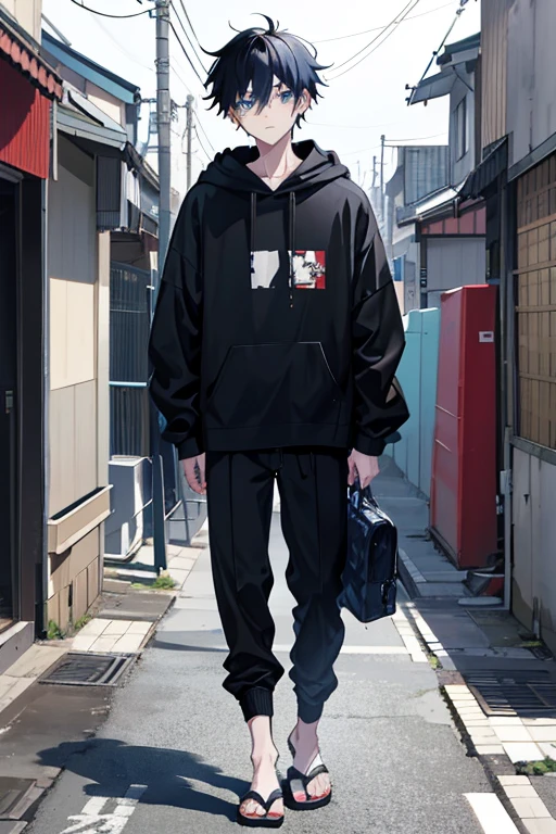 16-year-old male, walking on lonely Japanese streets with black hair and blue eyes wearing a black hoodie and pants and carrying a school bag, backgroung filled with Jujutsu Kaisen curses flooting in the sky, the boy walking with his hands in pants pokets walking freely without any tension.