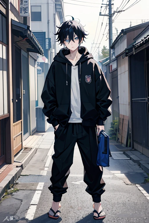 16-year-old male, walking on lonely Japanese streets with black hair and blue eyes wearing a black hoodie and pants and carrying a school bag, backgroung filled with Jujutsu Kaisen curses flooting in the sky, the boy walking with his hands in pants pokets walking freely without any tension.