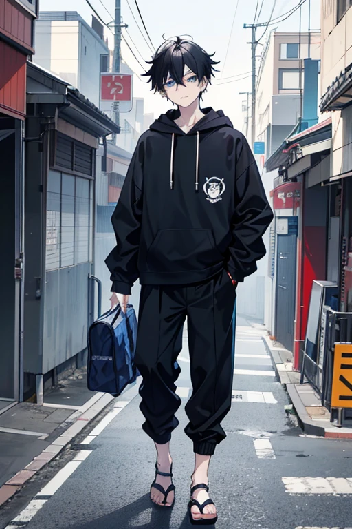 16-year-old male, walking on lonely Japanese streets with black hair and blue eyes wearing a black hoodie and pants and carrying a school bag, backgroung filled with Jujutsu Kaisen curses flooting in the sky, the boy walking with his hands in pants pokets walking freely without any tension.