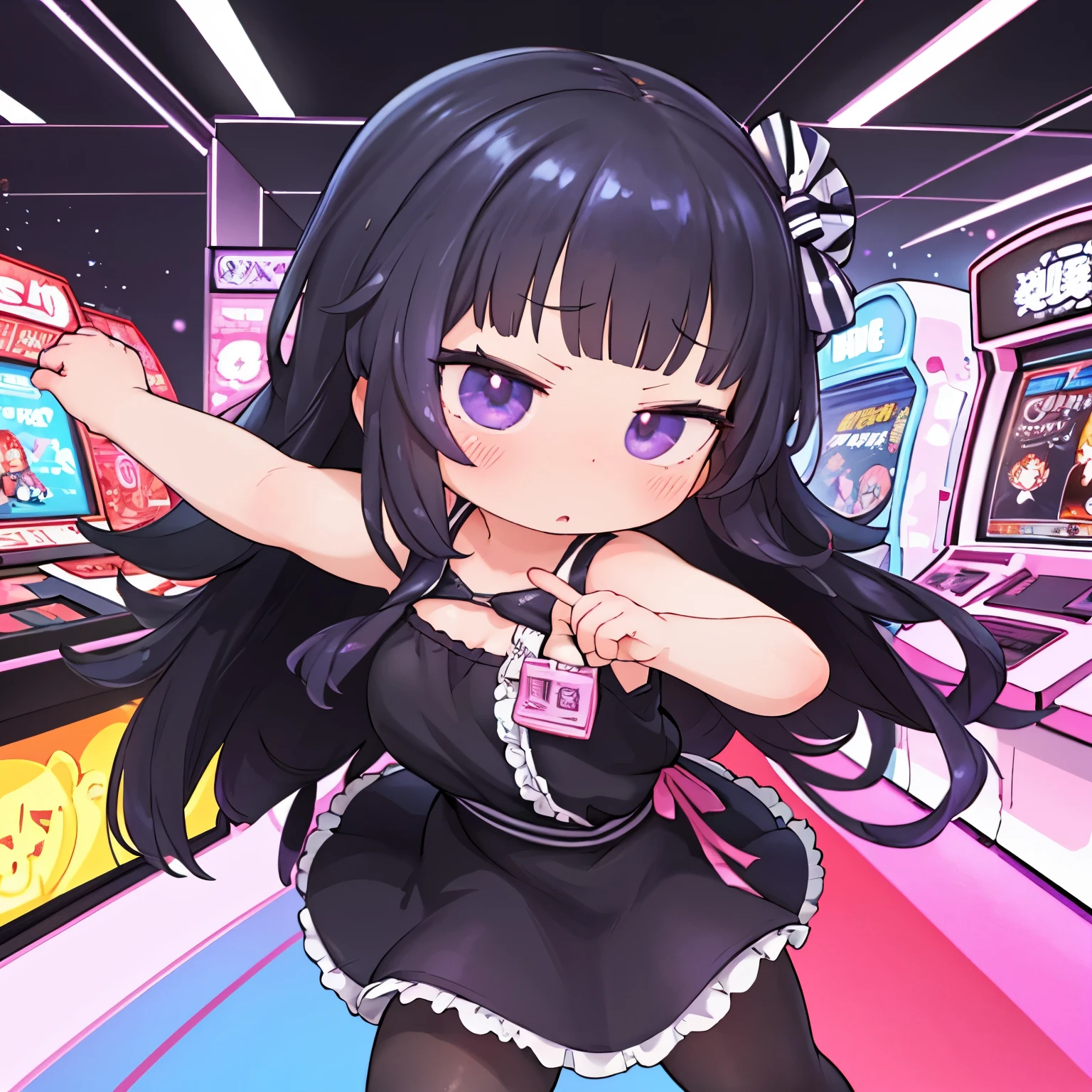 best quality, super fine, 16k, incredibly absurdres, extremely detailed, 2.5D, delicate and dynamic, Anime High Score Girl heroine Ono Akira, cute girl, long straight black hair with blunt bangs, sulky expression, expressionless, purple dress with ribbon, black tights, kicking destroys Arcade Game Machines in anger, beautiful effects and backgrounds