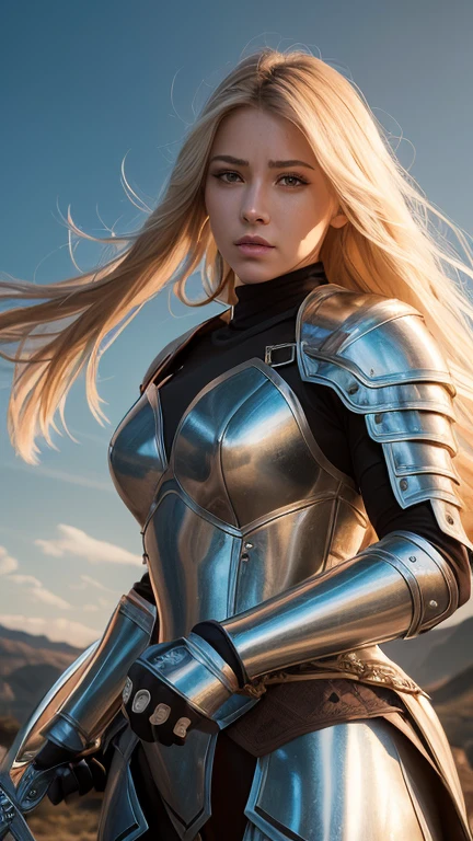 a female warrior, medieval fantasy knight, heavily armored, holding a sword, fierce expression, long flowing hair, intricate armor details, bright magical energy, dramatic lighting, cinematic pose, epic landscape background, (best quality,4k,8k,high resolution,masterpiece:1.2),ultra-detailed,(Realistic,photoRealistic,photo-Realistic:1.37),fantasy art, digital painting, dramatic colors, dramatic lighting