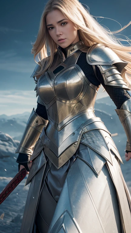 a female warrior, medieval fantasy knight, heavily armored, holding a sword, fierce expression, long flowing hair, intricate armor details, bright magical energy, dramatic lighting, cinematic pose, epic landscape background, (best quality,4k,8k,high resolution,masterpiece:1.2),ultra-detailed,(Realistic,photoRealistic,photo-Realistic:1.37),fantasy art, digital painting, dramatic colors, dramatic lighting