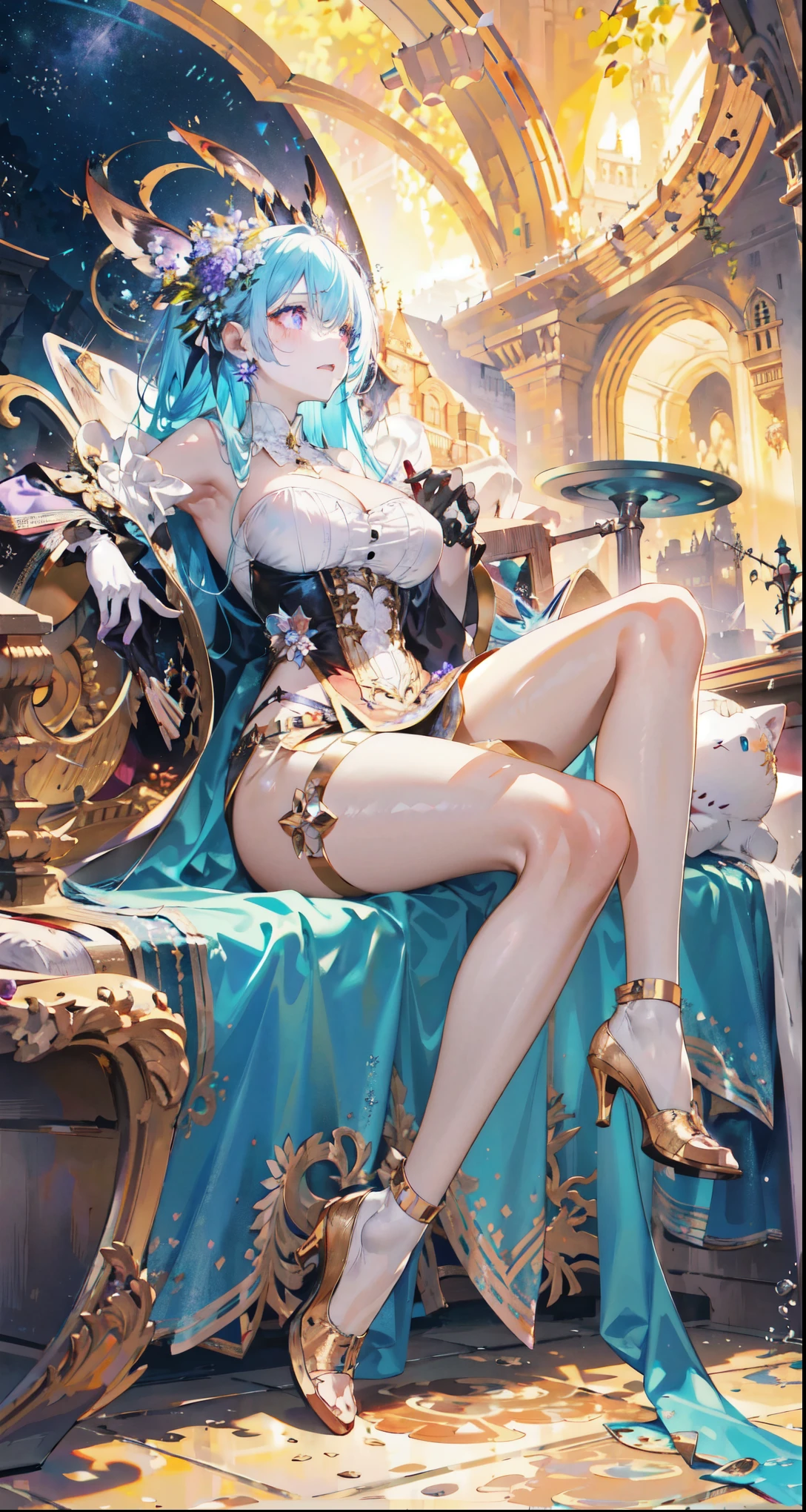 ((masterpiece:1.4,best quality)),(Super detailed),(Extremely detailed eyes),(black leggings,Shiny socks:1.5),Hello Darkness
(Cute girls),,(Blood-red pupils,Diamond-shaped pupil:1.15),Purple Eyeshadow,(elongated hair,Thick hair,Single ponytail,shiny hair:1.5)(Changes through:1.2),White skin,despair,sad,Empty eyes,tears streaming down my face,tilting its head to the side,
(She wore a blue dress,:1.5),(Black gloves:1.4)Very long plush sleeves,White,White Cloud,Dream bubbles ,Ice and glitter effects
(Black long skirt:1.1),
((Starry Sky:1.2)),
(Intense black and white:1.16),(Depth of Field:1.4),,Intricate details,(((Detailed background,Castle in the Sky,Standing by the lake,Purple flowers by the lake))),(((Huge breasts,Bare breasts,Deep cleavage)))