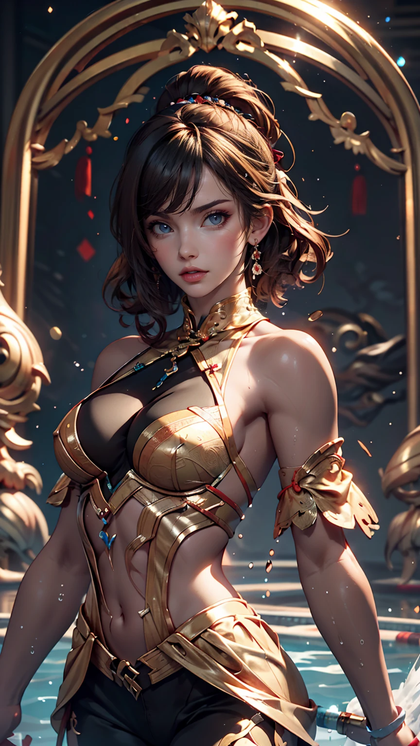 Spectacular water bending shots, in front, Award-winning photo, wuxia, Beautiful Chinese Woman,Focus on the face, Photorealistic eye style, Bokeh,Surrealistic illustration style, Super detailed, Cinematic Screenshots Unreal Engine, Zbrush3DアートVray,Glow Particles,Post Effects,Optical flare --niji 5 --style expressive --s 400