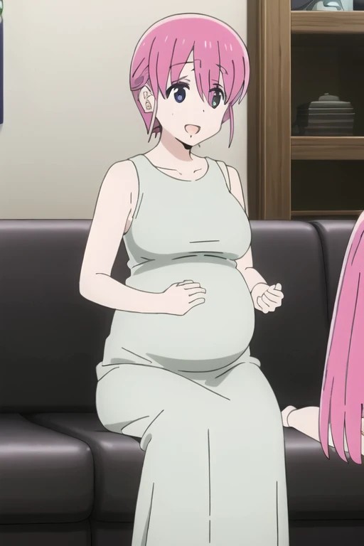 (Very detailedな CG Unity 8k 壁紙),(masterpiece),(highest quality),(Very detailed),(Best illustrations),(Best Shadow),(Absurd), Michiyo, Two Girls, alone, Pink Hair, Sitting, sofa, smile, shirt, Open your mouth,(Sleeveless Maxi Dress), short hair, indoor, Put your hands on your stomach、(Huge breasts:2)、Milk Tent、Pregnant women、From the side:0.7、From the waist up