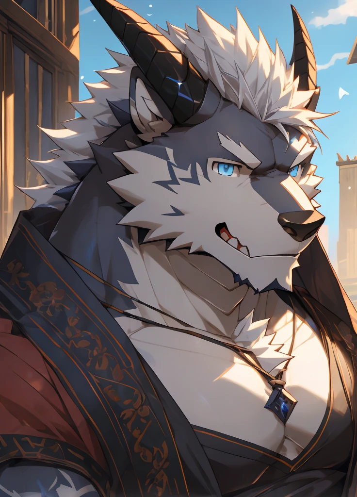 (masterpiece)，Very detailed，(best quality)，hairy，Wolf，male，Dragon Scale，black dragon horns，blue eyes，white hair，尾巴hairy的，Blood in left eye，Be honest and trustworthy，Handsome，8K，(high quality)