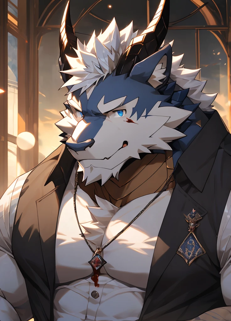 (masterpiece),Very detailed,(best quality),hairy,Wolf,male,Dragon Scale,black dragon horns,blue eyes,white hair,尾巴hairy的,Blood in left eye,Be honest and trustworthy,Handsome,8K,(high quality)