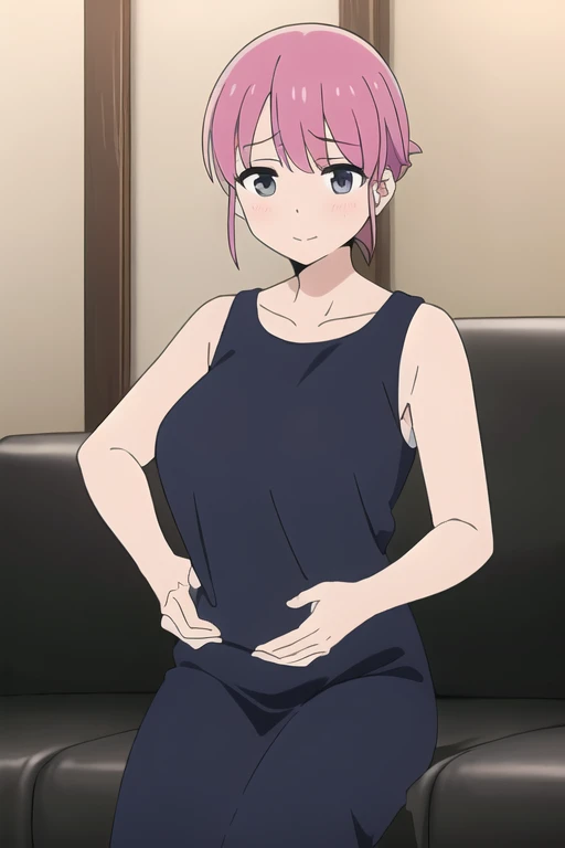 (Highly detailed CG Unity 8k wallpaper),(masterpiece),(highest quality),(Super detailed),(Best illustrations),(Best Shadow),(Absurd), Michiyo, One girl, One big guy, Pink Hair, Sitting, sofa, smile, shirt, Open your mouth,(Round neck、Cleavage、Cleavageが見えるノースリーブマキシワンピ), short hair, indoor, Place your hand on your stomach、(Huge breasts:2.5)、Milk tent、From before:0.7、