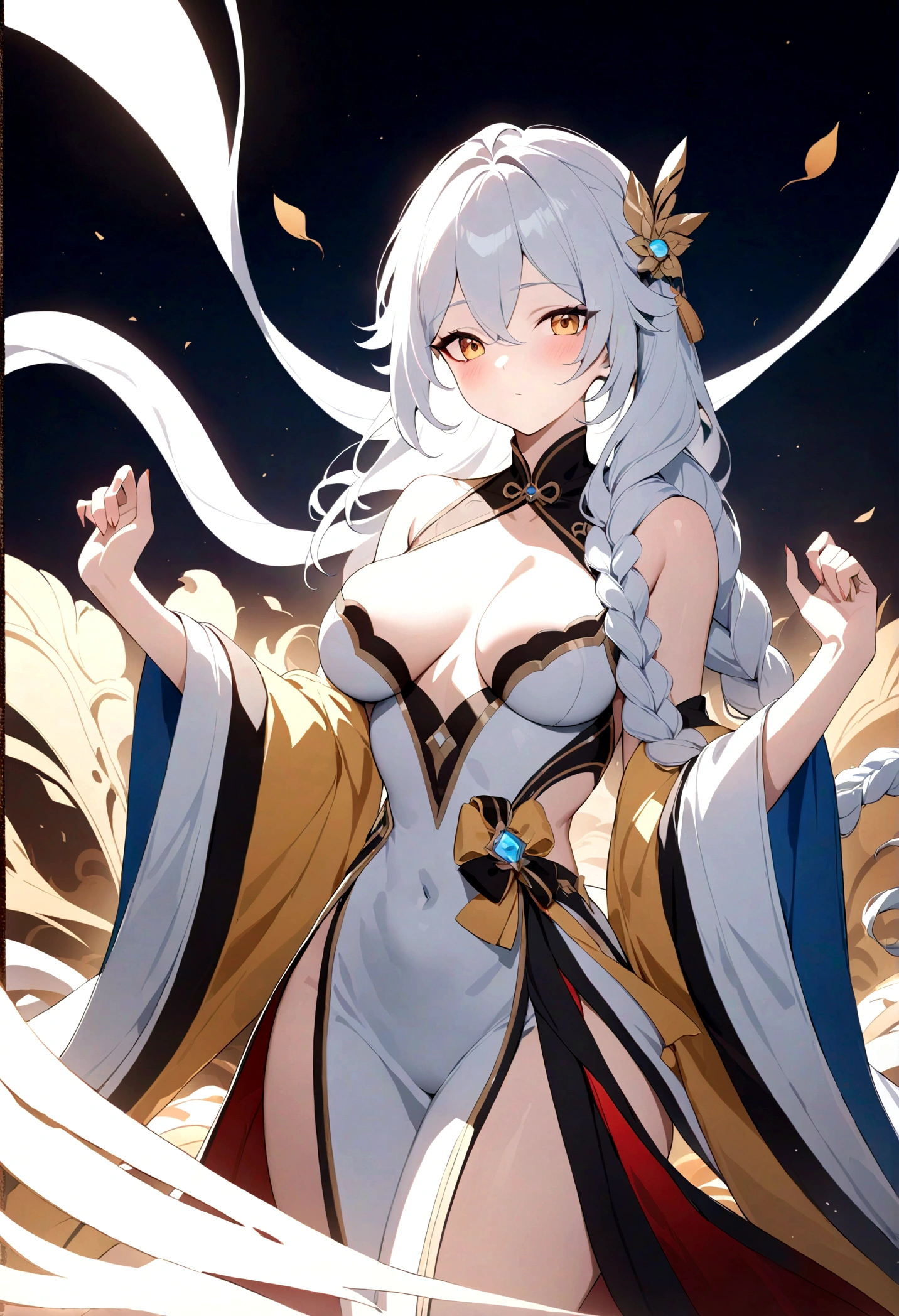 Genshin Impact,Shen He,girl,Cold and beautiful aunt,A long white braid,Perfect body,Black and white Chinese robe,Dignified and intellectual,Second Dimension,Octane Rendering,masterpiece,Highest quality,Ultimate details,8K resolution