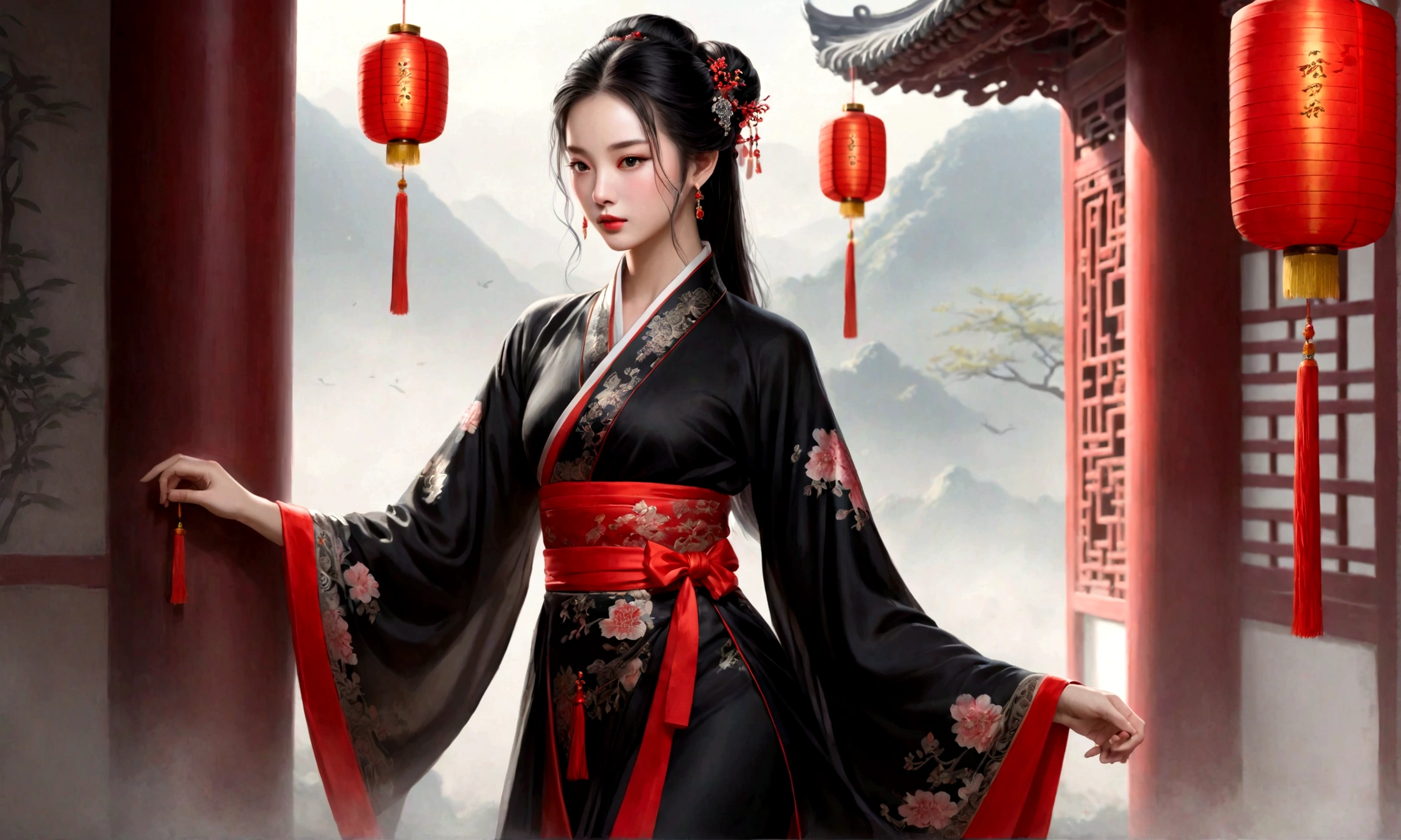 A woman in a black dress、Illustration of a lady wearing a red belt, Traditional Beauty, Beautiful Chinese model, Hanfu bandeau, Beautiful fantasy queen, Wearing Chinese clothes, 穿着Chinese Clothing, Chinese Beauty, Chinese Clothing, Hanfu, Chinese, Black and red silk dress, Chinese Girl,Sexy