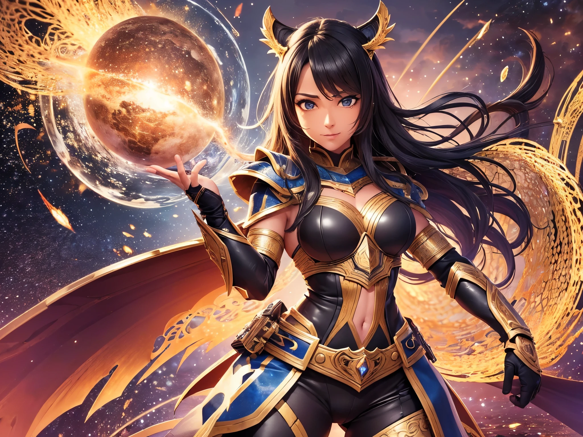 ((highest quality)),(Ultra-high resolution),(Very detailed),(Detailed Description),((The best CG)),(A masterpiece),Ultra-detailed art,Amazing drawing art,(Fantasy art with intricate detail:1.5), (Dark skinned female warrior:1.5),anger:1.4,(A well-trained body:1.4),strike:1.6,Dynamic Pose:1.7, (Throw the universe:1.6),Shattering:1.6