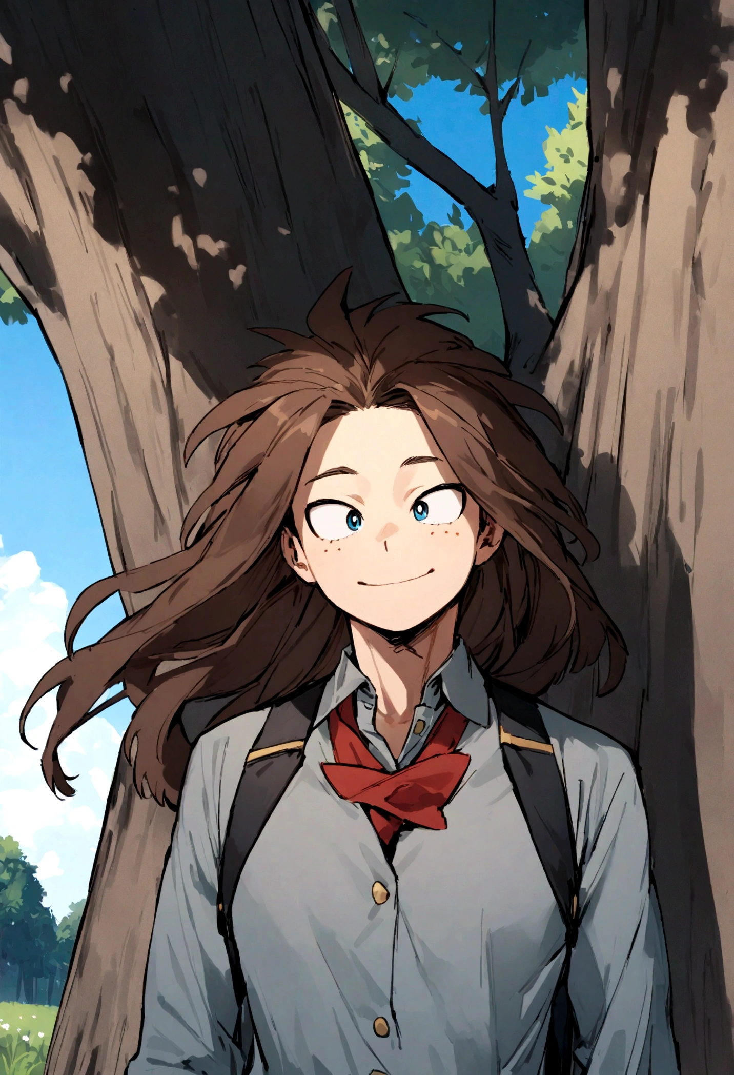 boku no hero academia, 1 boy, alone, upper body, sky, nature, tree, male focus, long hair, smile, brown hair, blue eyes, long sleeves, gray shirt red tie uniform, outdoors, day, best quality, masterpiece,