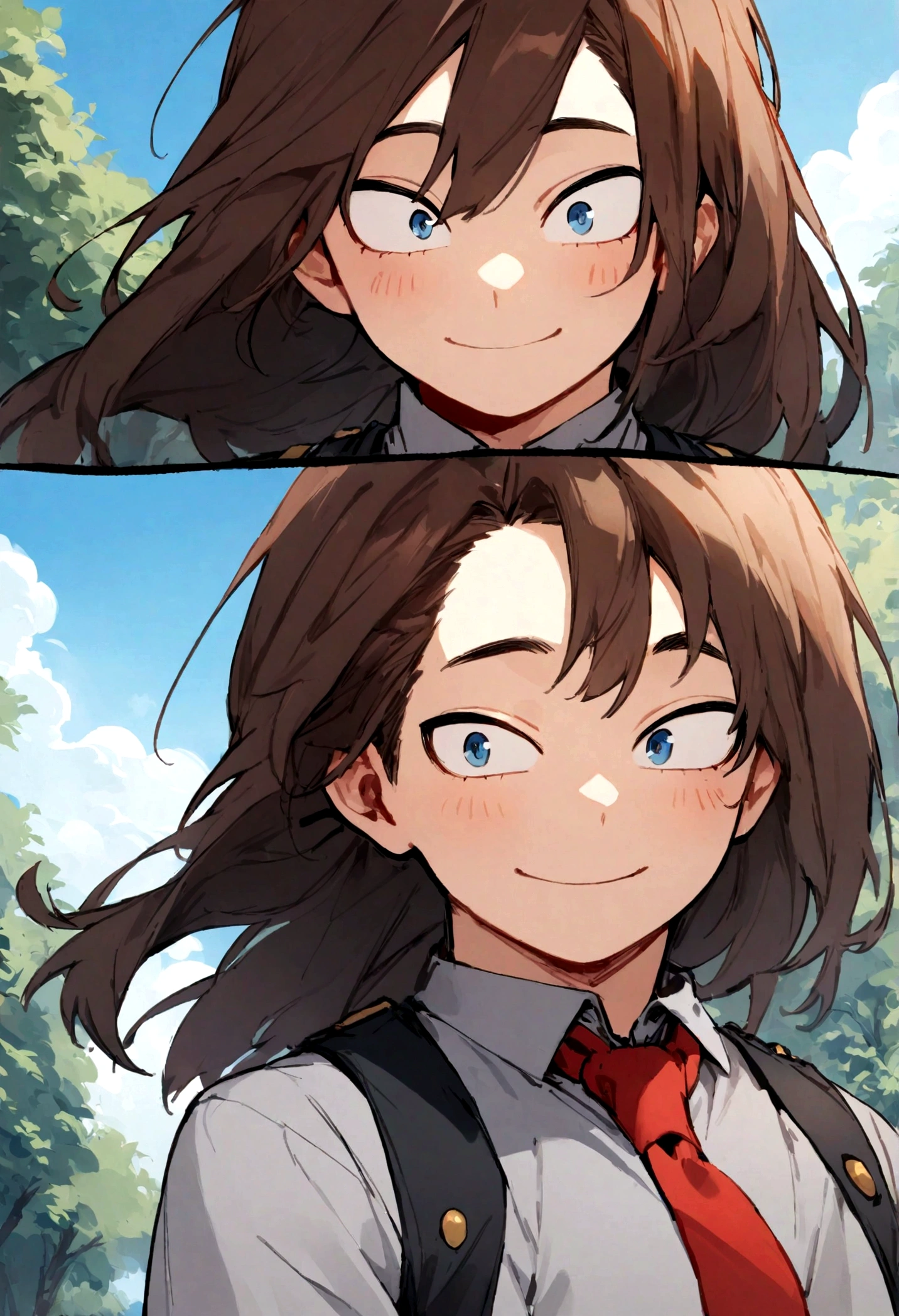 boku no hero academia, 1 boy, alone, upper body, sky, nature, tree, male focus, long hair, smile, brown hair, blue eyes, long sleeves, gray shirt red tie uniform, outdoors, day, best quality, masterpiece,
