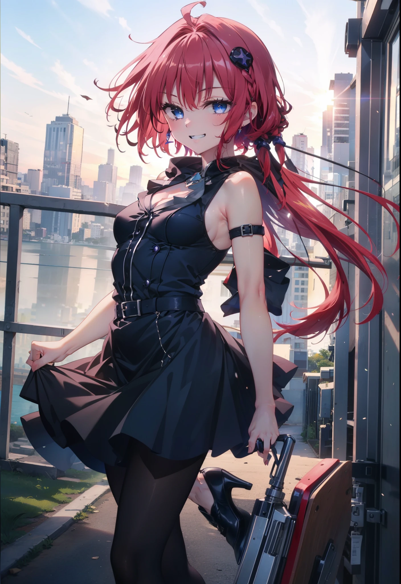 (masterpiece, highest quality:1.2),shape,8k,High resolution,kurosaki mea,Red Hair,Long Hair,Purple eyes,1 girl,Grin,smile,Sleeveless black dress,Bare arms,black long skirt,Black pantyhose,Stiletto heels,evening,Sunset,The sun is setting,
break looking at viewer,whole body, (Cowboy Shot:1. 5)
break outdoors, Coastal Road,
break (masterpiece:1.2), highest quality, High resolution, unity 8k wallpaper, (shape:0.8), (Beautiful and beautiful eyes:1.6), Highly detailed face, Perfect lighting, Extremely detailed CG, (Perfect hands, Perfect Anatomy),