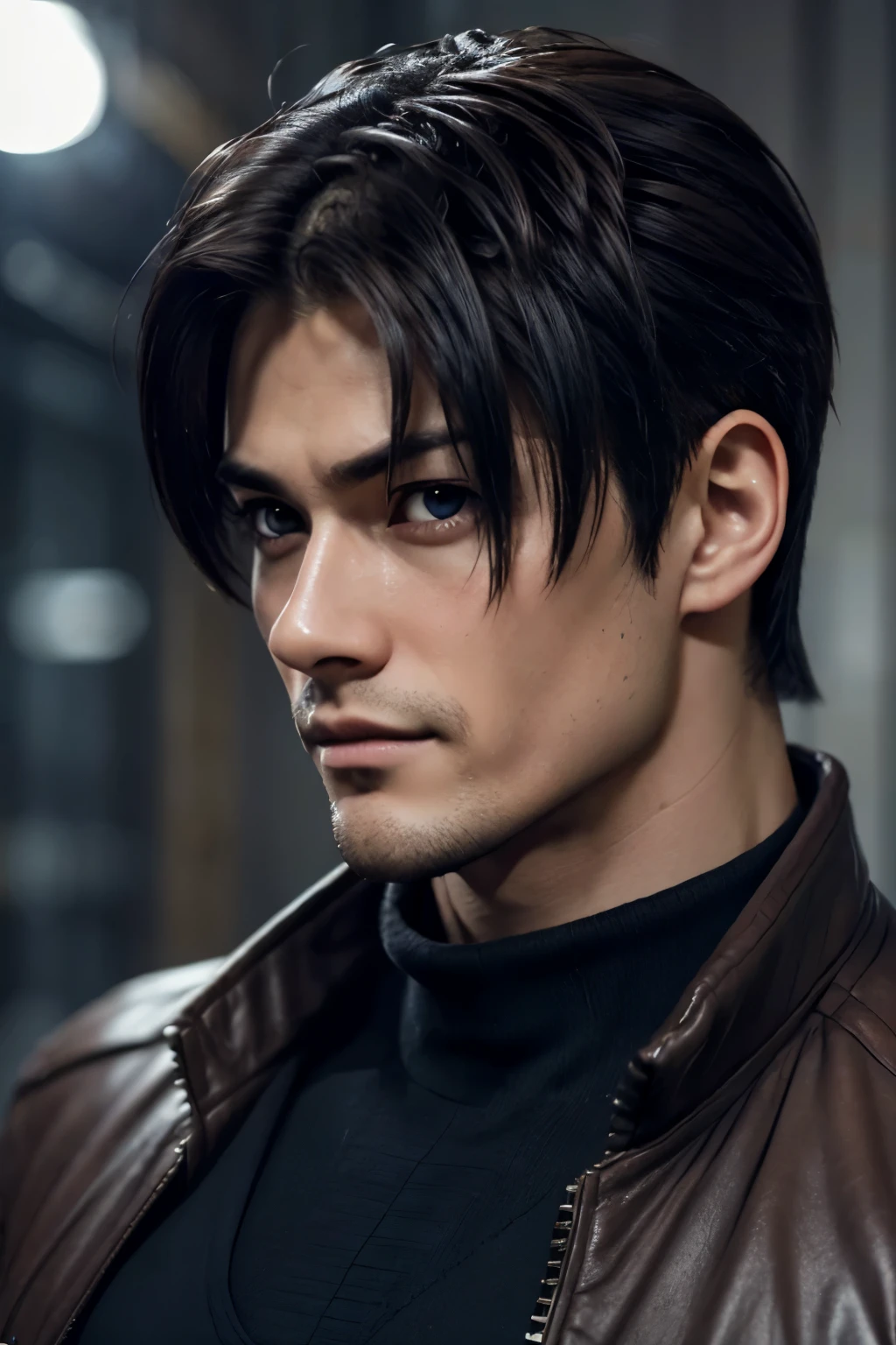 a 25 year old man, detailed portrait, highly realistic, photorealistic, sharp focus, extreme fine details, chiseled jawline, piercing blue eyes, masculine facial features, short brown hair, subtle smile, wearing a dark grey suit, indoors setting, warm lighting, cinematic composition, elegant, sophisticated, kusanagi Kyo, Kusanagi Kyo from KoF 2002