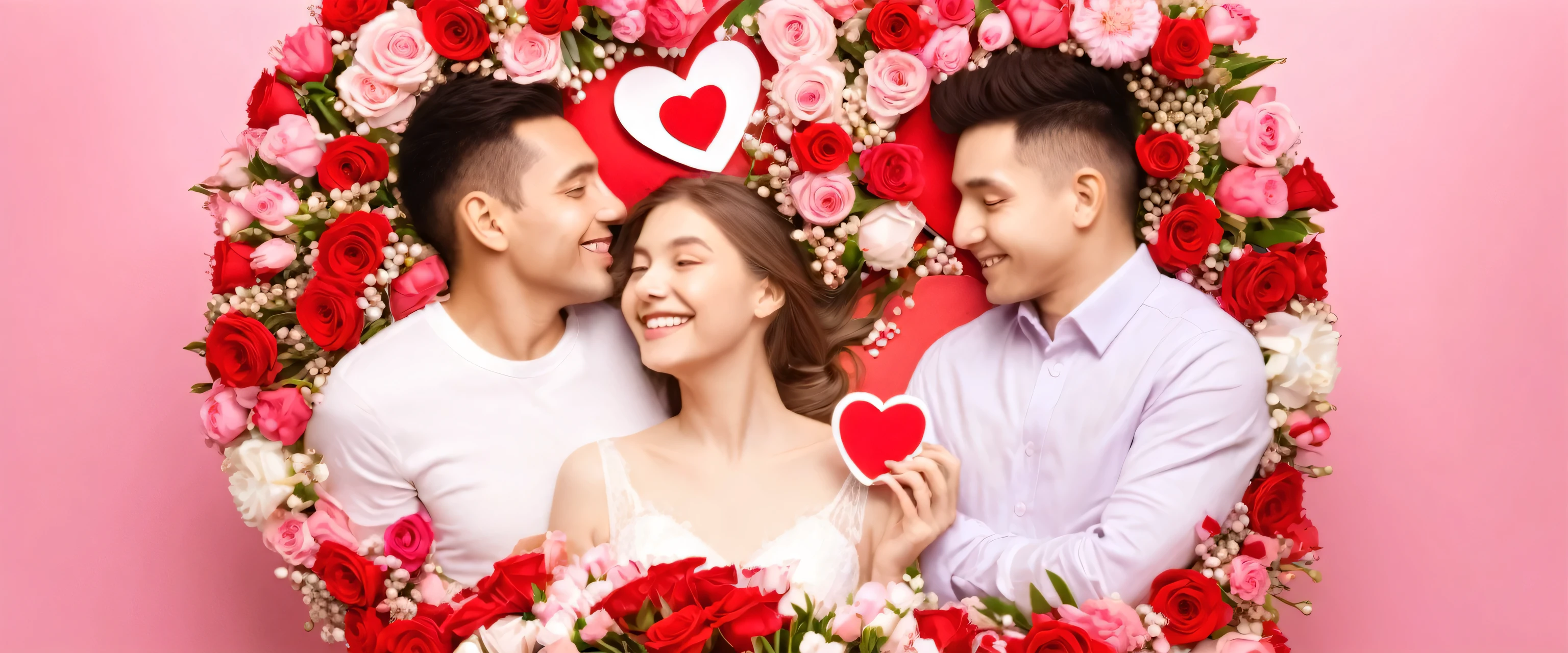 make me a picture with a Valentine's Day theme, where the background is surrounded by flowers and there is a happy husband and wife, and the husband gave a Valentine's Day gift