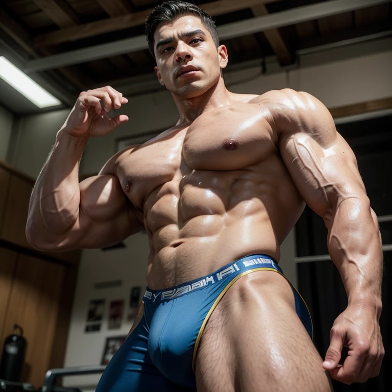 A ((powerful hair goated egyptian bodybuilder)), (aged 55), ((exaggerated muscular thick body physique and pumpes veins)) clad in (lycra outfit) exuding confidence as he strikes a fullbody astonishing standing pose. His remarkable physique add to his commanding presence. ((Captured in stunning 4K detail)), this scene showcases his awe-inspiring physique with precision and dynamism, emphasizing the highlighting and shadows, vitality, and energy of his physique.