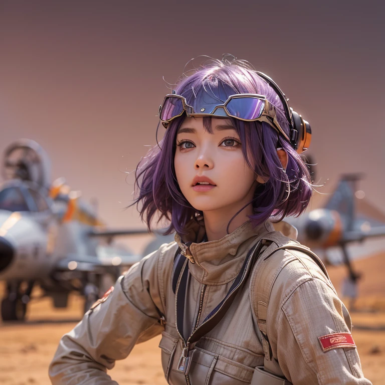 ((Vivid Photo Results & Detailed face)) (((Fabric Shading))), (((highest quality))), (((masterpiece))), (((Ultra-realistic photos))) Movie Scenes, Cinematic, Shooting dramatic shadows with backlighting, Full Body Profile, Cheeky Japanese Girl, Short spiky purple hair, His pale skin and faded, Dirty orange aviator jumpsuit., White Victoria'the secret of`Bra with lace, Shown inside the open zipper, Abdominal ring is visible, Sweaty body, Cool pose with helmet on,Dirty Face & Dusty clothes scattered across the vast desert, In front of an X-wing fighter, 8K High Resolution