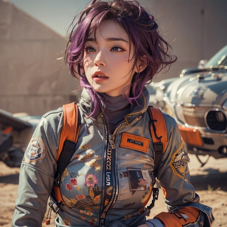 ((Vivid Photo Results & Detailed face)) (((Fabric Shading))), (((highest quality))), (((masterpiece))), (((Ultra-realistic photos))) Movie Scenes, Cinematic, Shooting dramatic shadows with backlighting, Full Body Profile, Cheeky Japanese Girl, Short spiky purple hair, His pale skin and faded, Dirty orange aviator jumpsuit., White Victoria'the secret of`Bra with lace, Shown inside the open zipper, Abdominal ring is visible, Sweaty body, Cool pose with helmet on,Dirty Face & Dusty clothes scattered across the vast desert, In front of an X-wing fighter, 8K High Resolution
