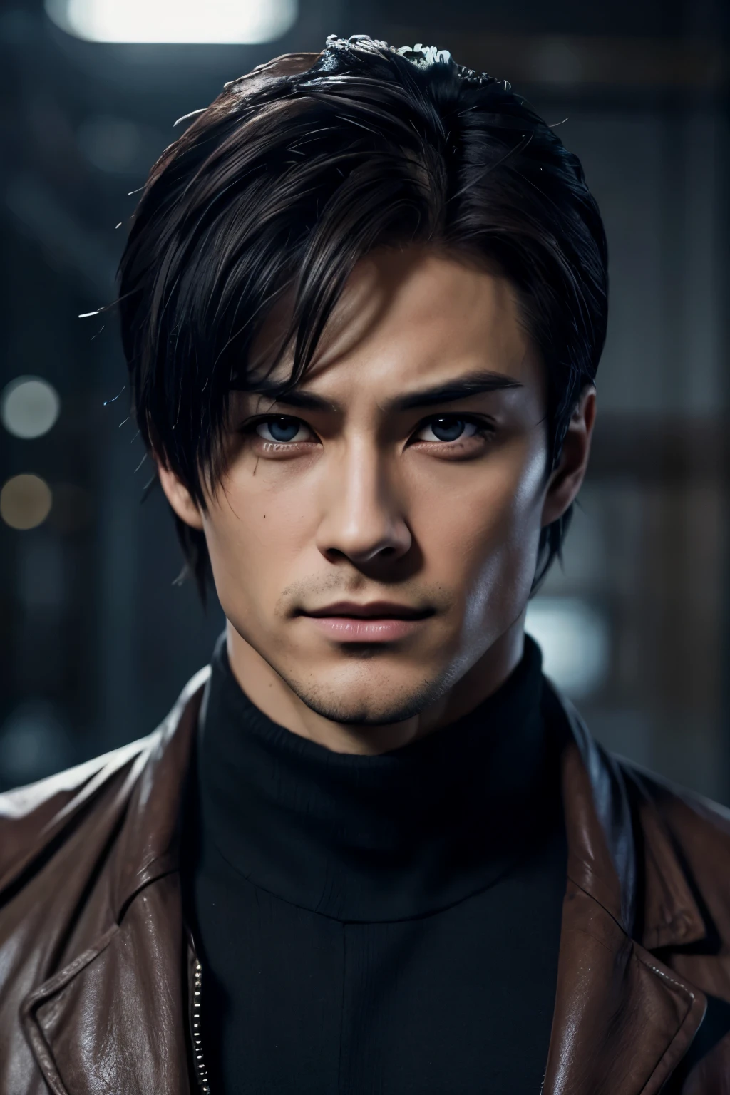 a 25 year old man, detailed portrait, highly realistic, photorealistic, sharp focus, extreme fine details, chiseled jawline, piercing blue eyes, masculine facial features, short brown hair, subtle smile, wearing a dark grey suit, indoors setting, warm lighting, cinematic composition, elegant, sophisticated, kusanagi Kyo, Kusanagi Kyo from KoF 2002