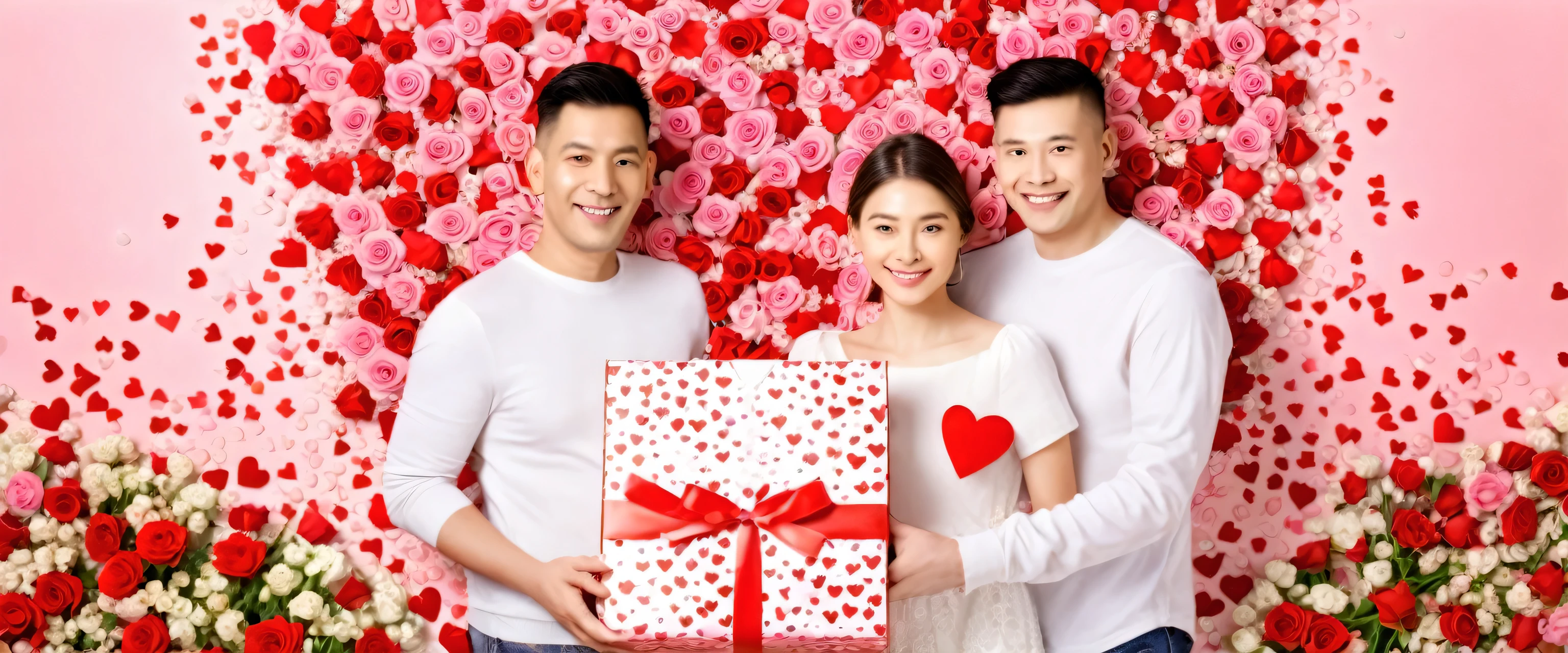 make me a picture with a Valentine's Day theme, where the background is surrounded by flowers and there is a happy husband and wife, and the husband gave a Valentine's Day gift