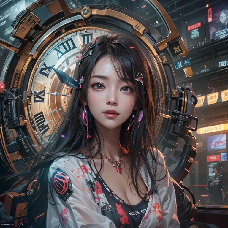 Ride in a time machine 、Hair Flow、 ((highest quality、masterpiece、8k、Best image quality、Ultra-high resolution、Award-winning works)、(Accurate anatomy:1.1)、(Look at me and smile:1.1)、Shining fair skin with Ultra-high resolution、The most detailed face、Ultra-high resolution detailed face、Ultra-high resolutionの髪の毛、(Ultra-high resolutionの煌めく瞳:1.1)、Beautiful face drawn in every detail、Cyberpunk Clothing, Chest to chest, big floating clock 