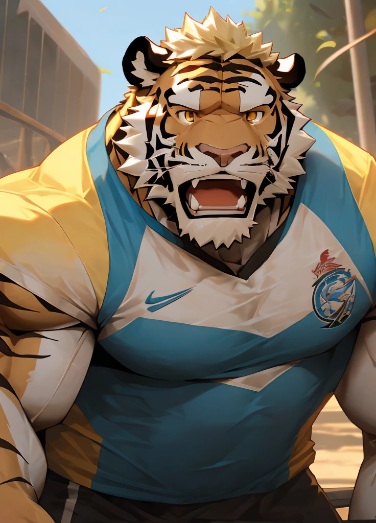 (masterpiece),(Very detailed),(best quality),hairy,Tiger,Brown fur,blond hair,Golden pupils,muscular,(Sports shirts),((expression)),8K,(high quality),(Ultra HD),(Super detailed)