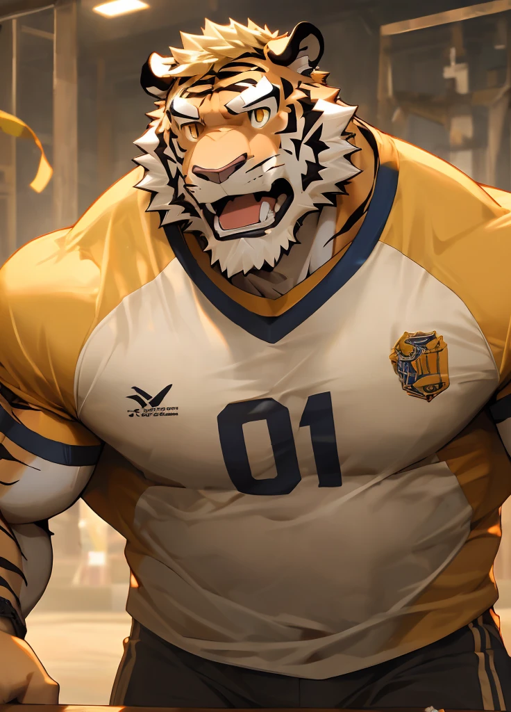 (masterpiece),(Very detailed),(best quality),hairy,Tiger,Brown fur,blond hair,Golden pupils,muscular,(Sports shirts),((expression)),8K,(high quality),(Ultra HD),(Super detailed)