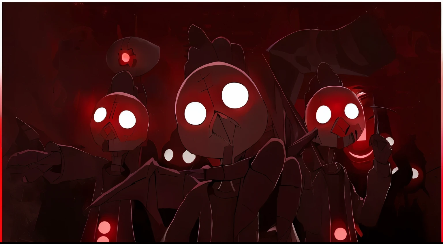 A person with red eyes and a red glow々Cartoon image of a group of, with Red glowing eyes, Spooky!!, This is hell, Shining eyes everywhere, 陰鬱でdark照明, Red glowing eyes, Invader Zim, dark!!!, dark!, Countless dimly shining eyes, yume nikki, wallpaper!, Terrifying background, At dusk!, Spooky!!!, [ Conceptual Art ]!!