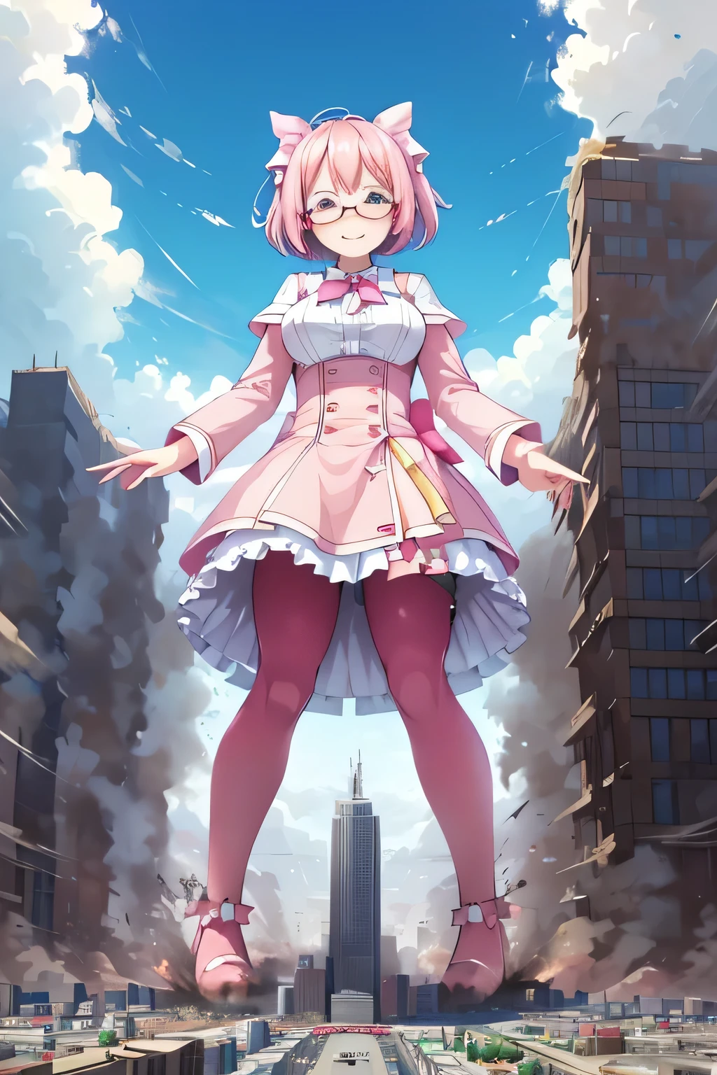 giantess art, highly detailed giantess shots, giantess, Two legs, Five fingers, short hair, A beautiful girl who is bigger than a skyscraper, Wearing rimless glasses, smile, Big Breasts, pink dress, bow, magical girl, pink pantyhose, pink stiletto heels, Destroying cities, A very small big city, Miniature metropolis, Full body description, GTS, giga giantess, stomping city, crash city, tiny city, micro city, pantyhose feet, High resolution, highest quality, masterpiece,