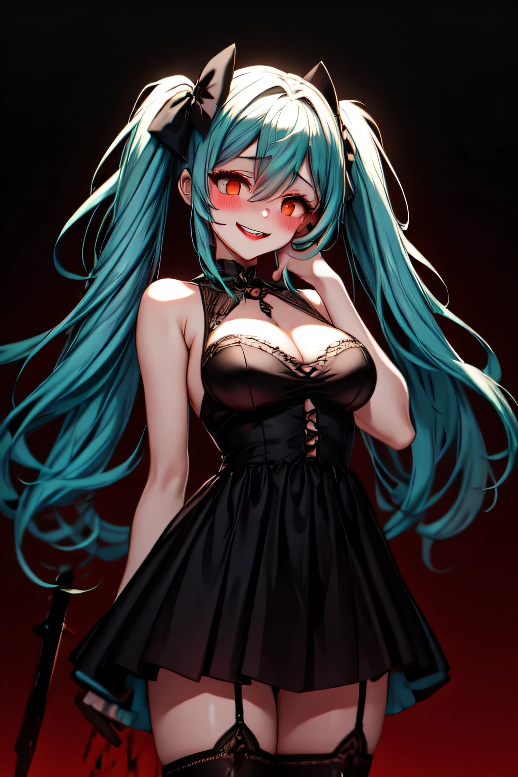 (masterpiece, best quality), white eyes, teal hair, long hair, bow, hair between eyes, twintails, hair bow, medium breasts, black thigh highs, black short dress, sleeveless dress, garter straps, black knee boots, standing, edgGesugao, sadistic smile, night city, blood on face,  blood on clothes, knife, blushing, red face, (detailed face) 1girl,(hands on own cheeks),(looking at viewer),(blood splatter),on ground,Blood on the face, laughing,blush,masterpiece,best quality,very aesthetic,absurdres
