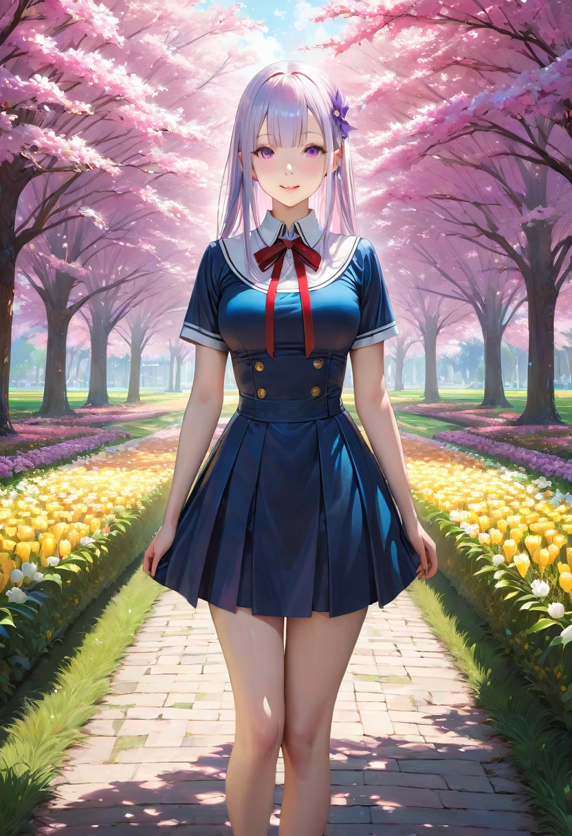 (Panorama, Center, Masterpiece, Highest Quality: 1.2), (8K, Raw Photos, Highest Quality), ((Masterpiece: 1.2)), Realistic, Ultra High Resolution, High Contrast, Photon Mapping, Vivid Colors, Composition seen from a distance, distant view, 26mm, Super Detailed, Raw Photos, Authentic, Official Art, RAW Photos, Professional Lighting, Lights, Vivid Atmosphere, finest illustration, best shadows),(An image with a composition with a large background and a small person), A smiling girl (Emilia princess from Re:Zero, elegant silver-haired girl with delicate features, beautiful detailed eyes, long eyelashes, full lips, colorful makeup, slim waist, wearing a academy uniform, short sleeve top, photorealistic, (best quality,4k,8k,highres,masterpiece:1.2),ultra-detailed,(realistic,photorealistic,photo-realistic:1.37), extremely detailed face and eyes, highly detailed iris, (cute)), A smiling girl and a black kitten are watching over the sprouts in the park, The park is bathed in soft morning light, and the trees and flowers are beautiful, giving a sense of the power of life, green and gold and silver gradients, the atmosphere where you can feel the excitement of adventure, an atmosphere of happiness and joy, a world view of high fantasy, a magnificent composition, beautifully depicted with the golden rule, Guardian nebulae of iridescent lights and silvery vapors, colors of corrosive siege rays, slimy air,