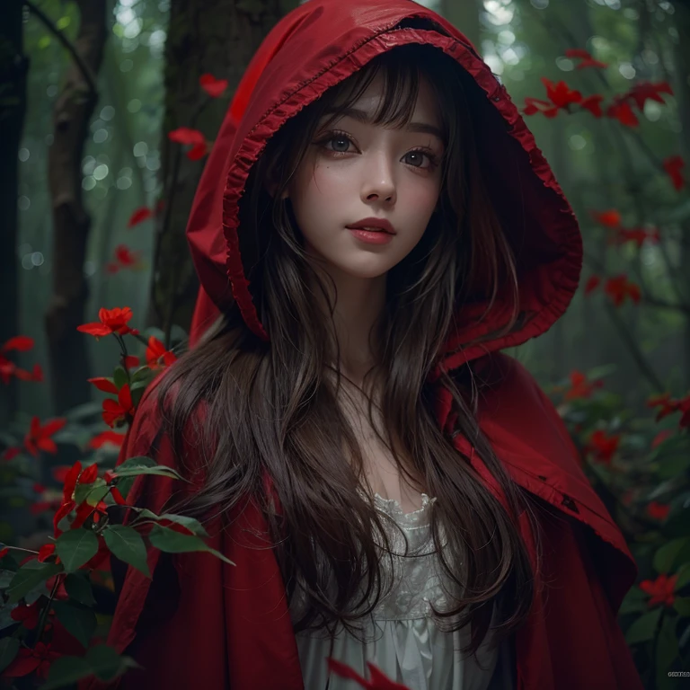 Standing in the forest、Hair flow、 ((highest quality、masterpiece、8k、Best image quality、Ultra-high resolution、Award-winning works)、(Accurate anatomy:1.1)、(Look at me and smile:1.1)、Shining fair skin with Ultra-high resolution、The most detailed face、Ultra-high resolution detailed face、Ultra-high resolutionの髪の毛、(Ultra-high resolution eye:1.1)、Beautiful face drawn in every detail、little red riding hood Costume , Chest to chest, Strange atmosphere, A real werewolf stares at her......, Dark Light, in the forest , Heavy makeup