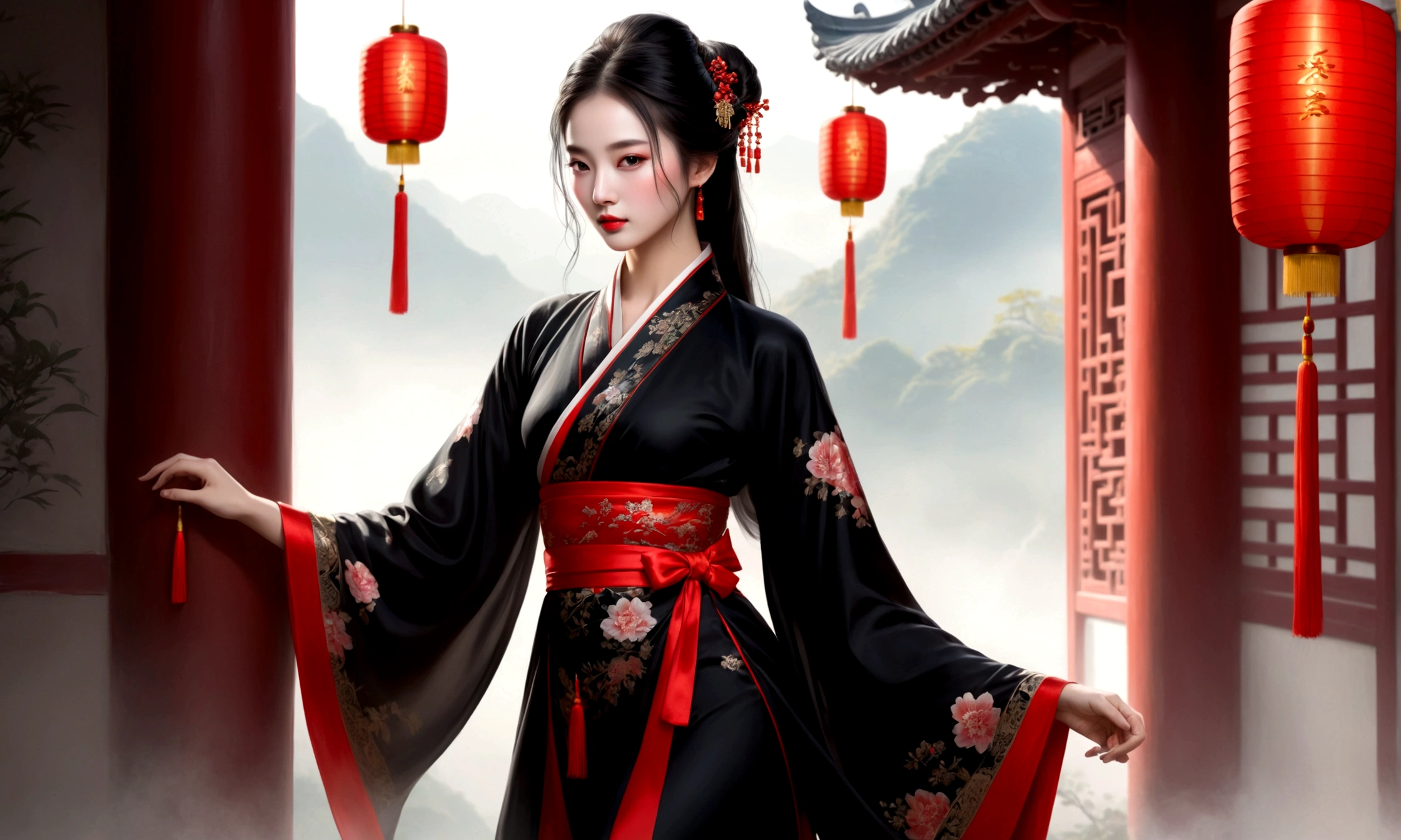 A woman in a black dress、Illustration of a lady wearing a red belt, Traditional Beauty, Beautiful Chinese model, Hanfu bandeau, Beautiful fantasy queen, Wearing Chinese clothes, 穿着Chinese Clothing, Chinese Beauty, Chinese Clothing, Hanfu, Chinese, Black and red silk dress, Chinese Girl,Sexy shoulders，Long legs