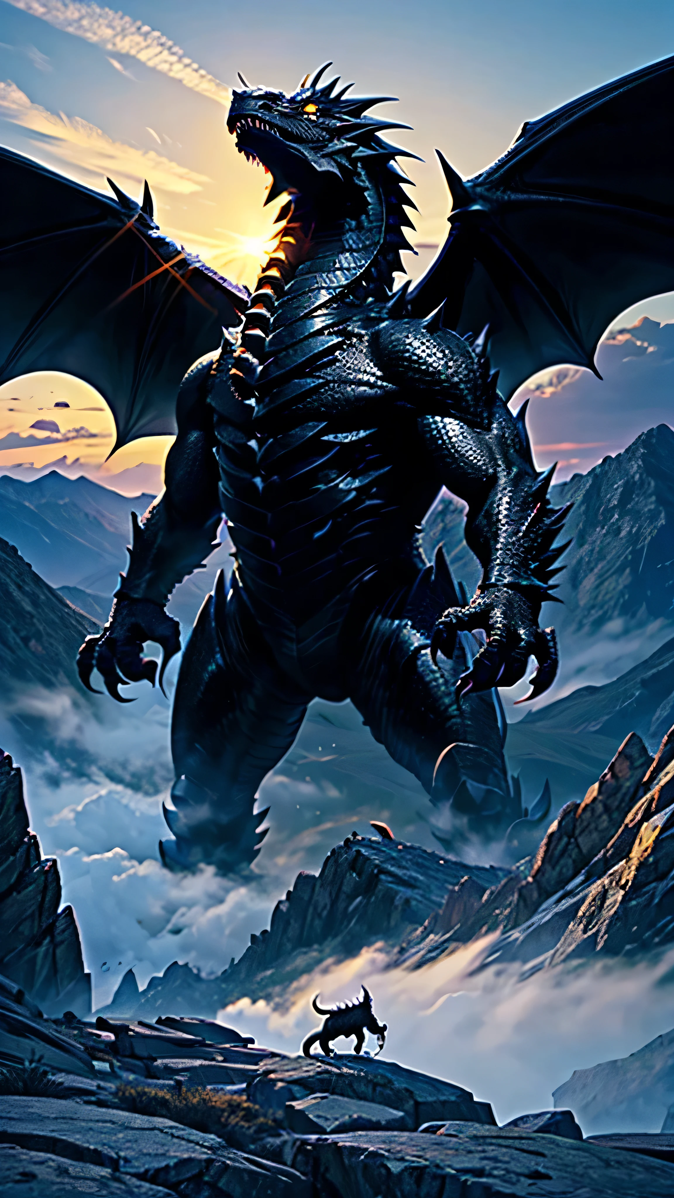 Super huge black western dragon, much bigger than a mountain,Rocky Mountain、soro,