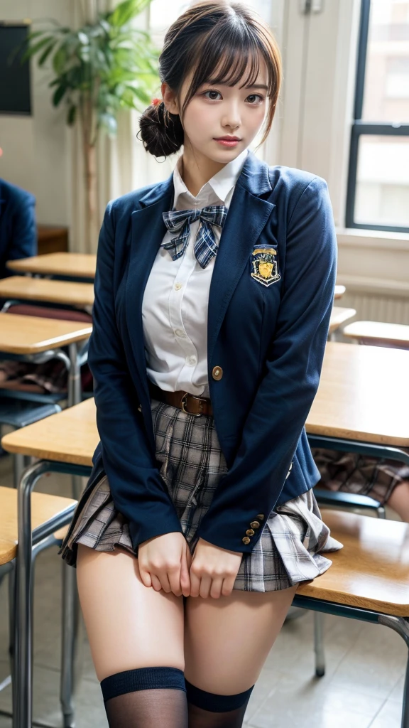 masterpiece, best quality, illustration, Super detailed, fine details, High resolution, 8K,wall paper, perfect dynamic composition,(Details High quality, realistic depiction of eyes:1.3), High School Classroom、High school girl uniform、blazer 、Super Short Check Uniform Skirt、Navy blue high socks、garterbelts、Disturbed uniform, (updo:1.2), black hair color, large breasts, Big Natural Color Lip, bold sexy pose, (perfect body shape), crying a little、20 year old girl、cute type, beautiful legs, hposing Gravure Idol, Voluptuous thighs