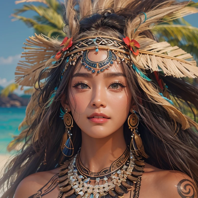 Polynesian Sea、Hair blowing in the wind 、 ((highest quality、masterpiece、8k、Best image quality、Ultra-high resolution、Award-winning works)、(Accurate anatomy:1.1)、(Look at me and smile:1.0)、Shining fair skin with Ultra-high resolution、The most detailed face、Ultra-high resolution detailed face、Ultra-high resolutionの髪の毛、(Ultra-high resolution eye:1.1)、Beautiful face drawn in every detail、Polynesian Costume,Small breasts,  Polynesian Tattoo,  Polynesian canoe、Wearing Polynesian costumes:1.2.