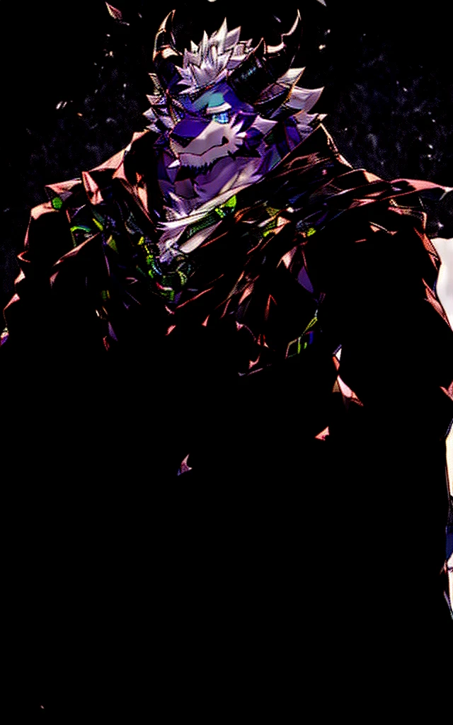 (masterpiece),Very detailed,(best quality),hairy,Wolf,male,Dragon Scale,black dragon horns,blue eyes,white hair,尾巴hairy的,Blood in left eye,Be honest and trustworthy,Handsome,8K,(high quality)